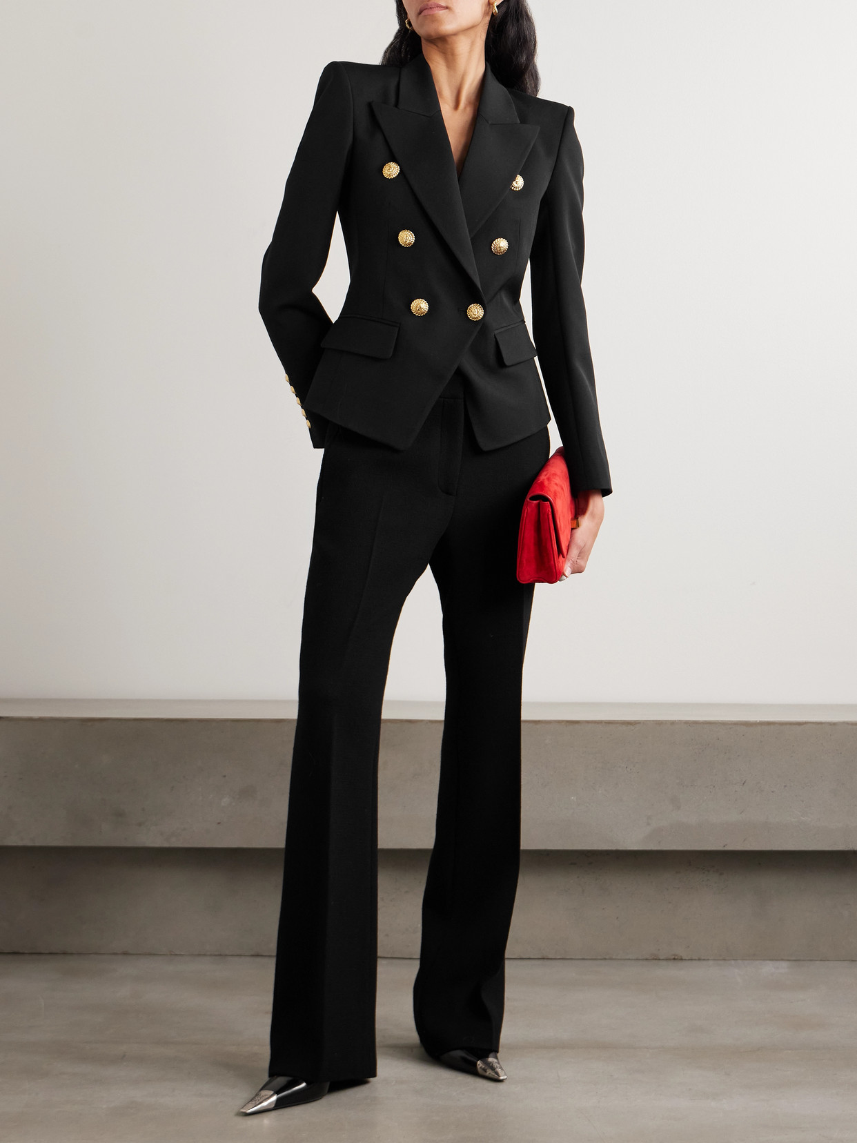 Balmain Double-breasted Grain De Poudre Wool Blazer In Black