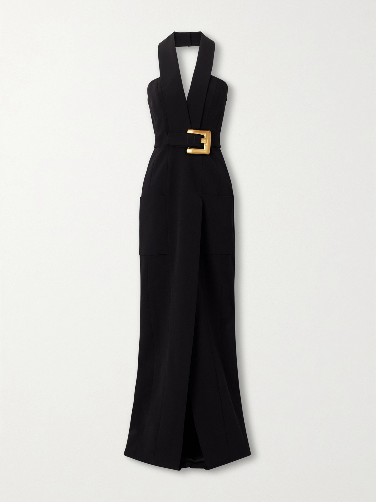 Balmain Belted Paneled Crepe Halterneck Gown In Black
