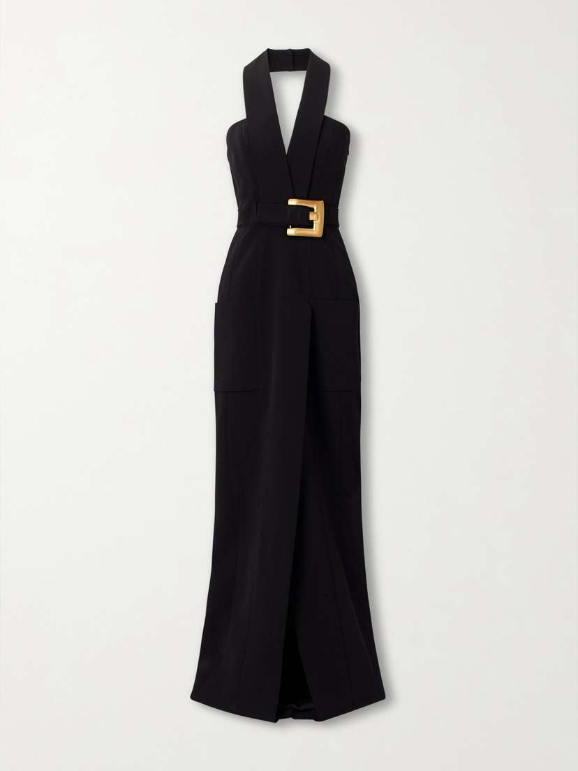 Balmain Belted Paneled Crepe Halterneck Gown