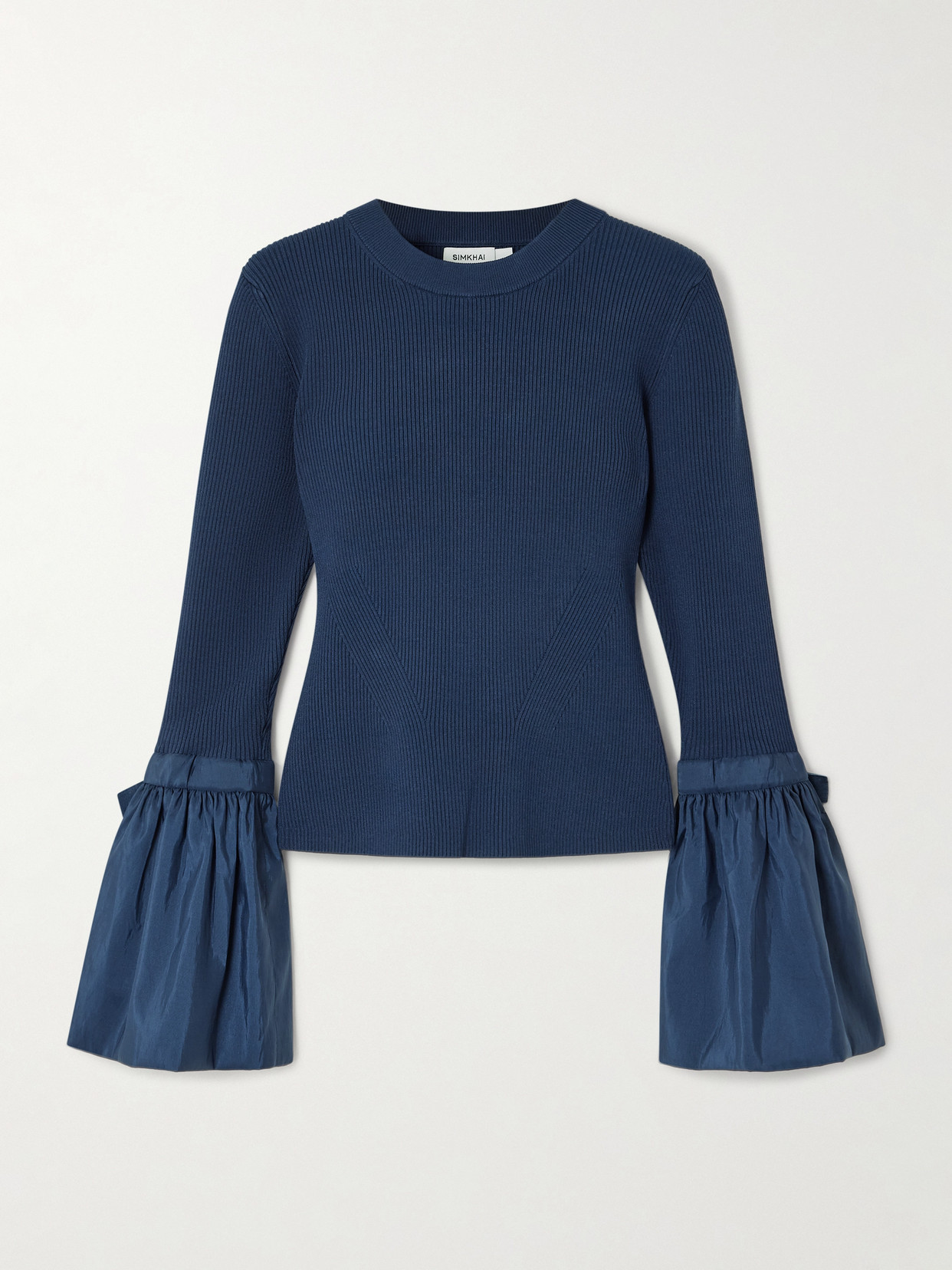 Simkhai Agata Taffeta-trimmed Ribbed-knit Sweater In Blue