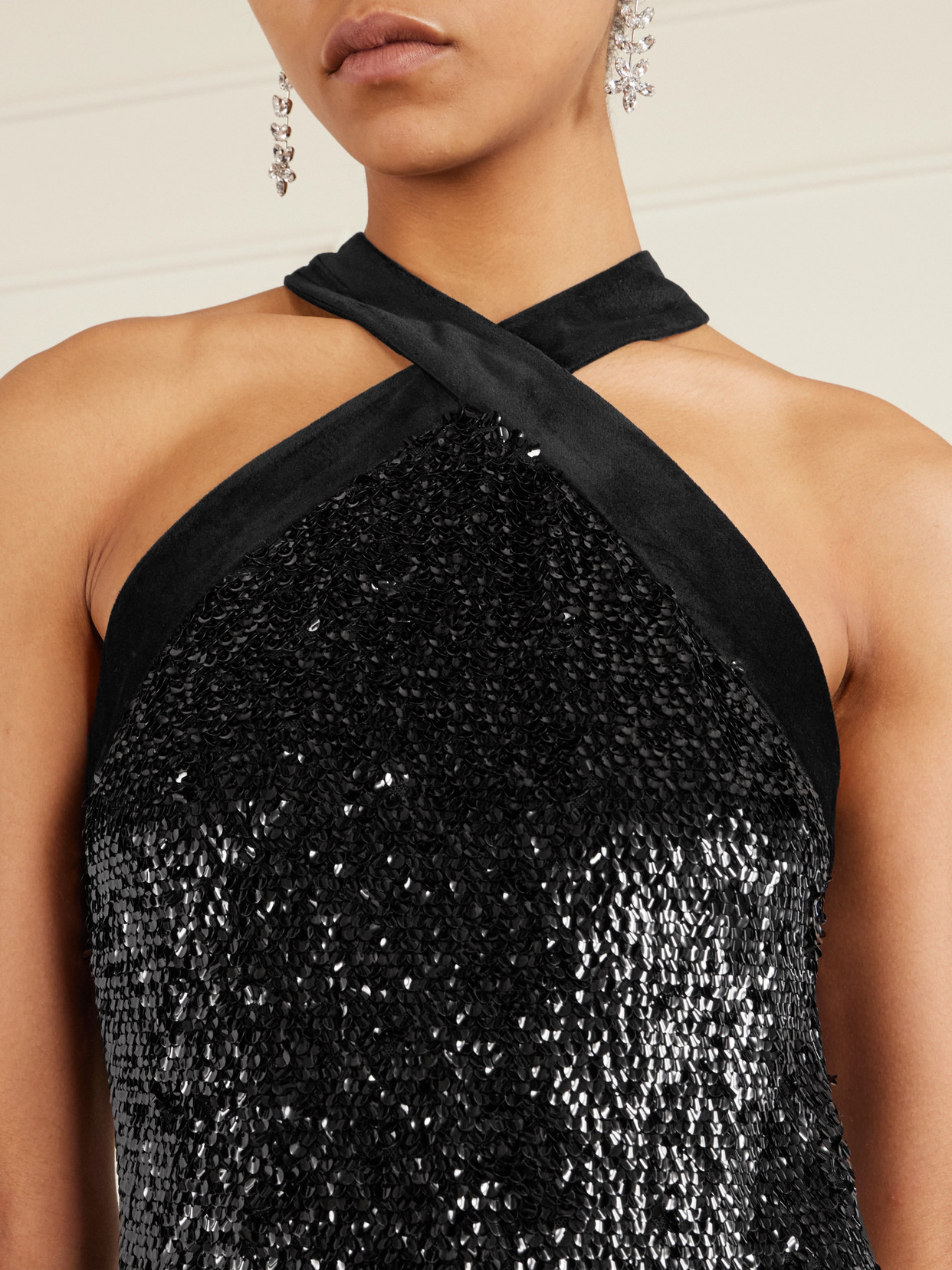 Simkhai Isla Velvet-trimmed Sequined Jersey Halterneck Mini Dress In Black