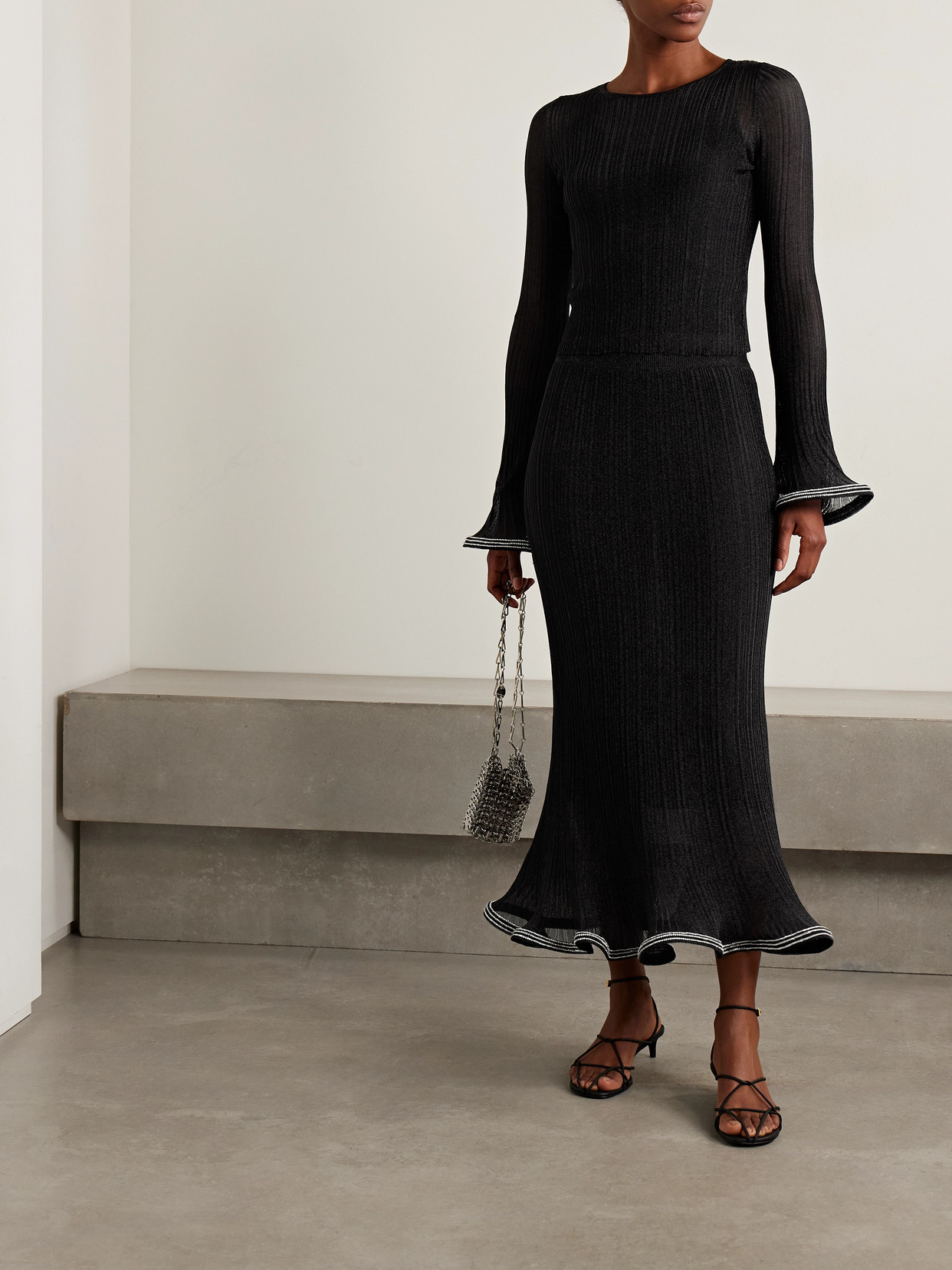 Simkhai Brighton Crystal-embellished Metallic Ribbed-knit Maxi Skirt In Black