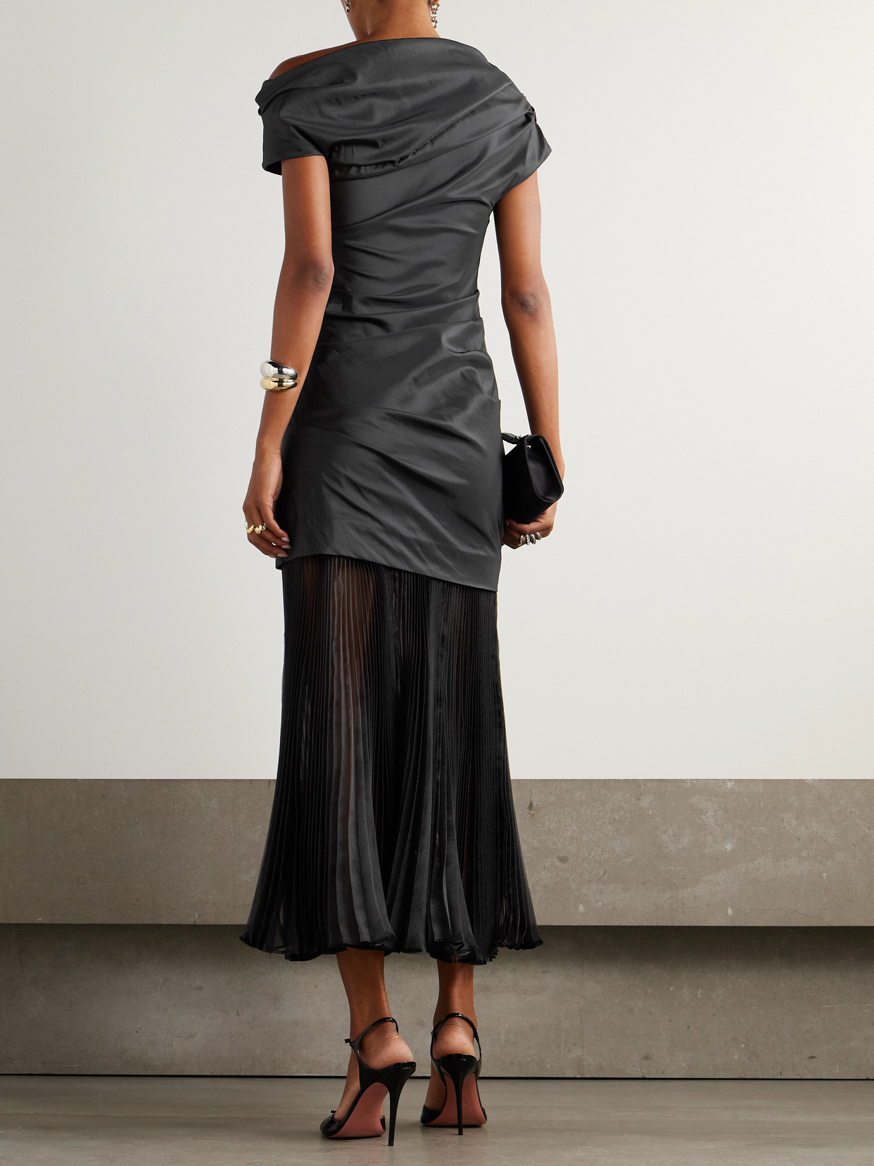 Simkhai Ammalie Draped Taffeta And Pleated Organza Midi Dress In Black