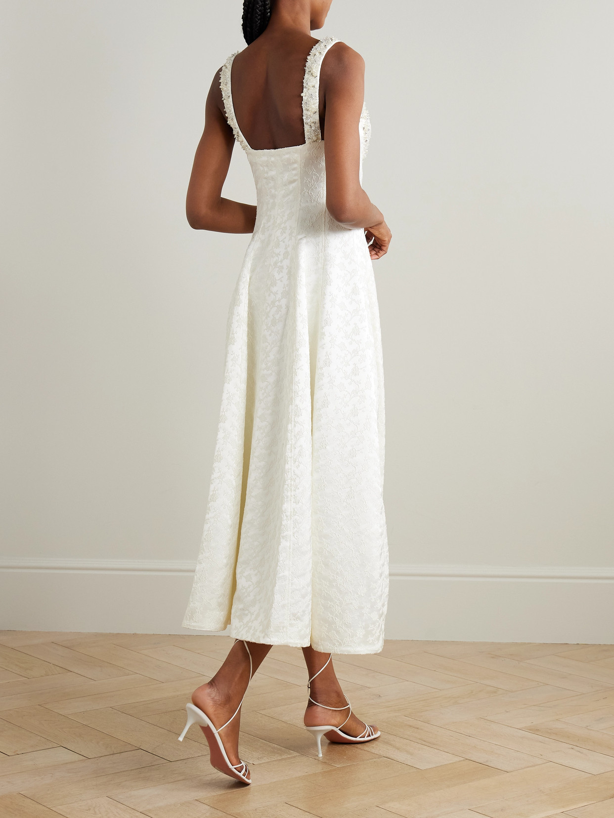 Simkhai Charlotte Embellished Pleated Satin-jacquard Midi Dress In White