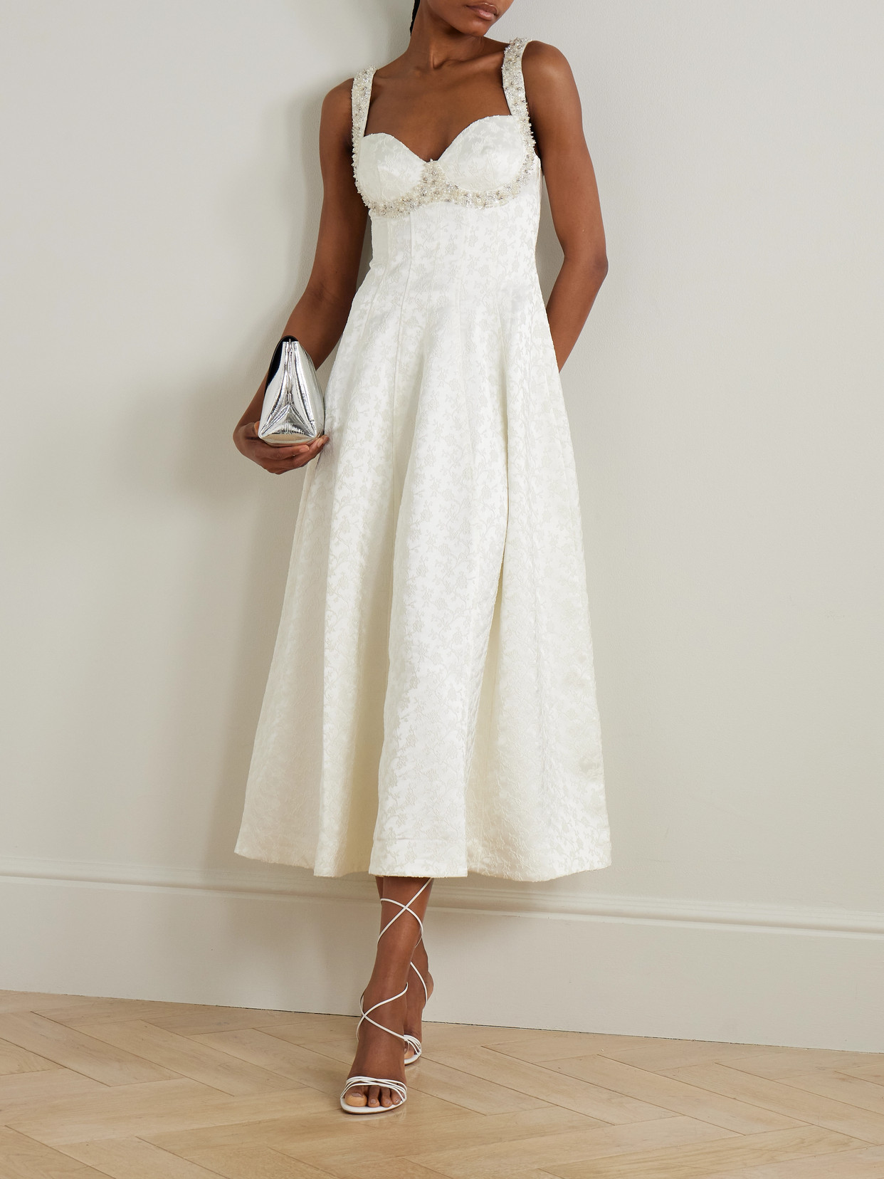Simkhai Charlotte Embellished Pleated Satin-jacquard Midi Dress In White