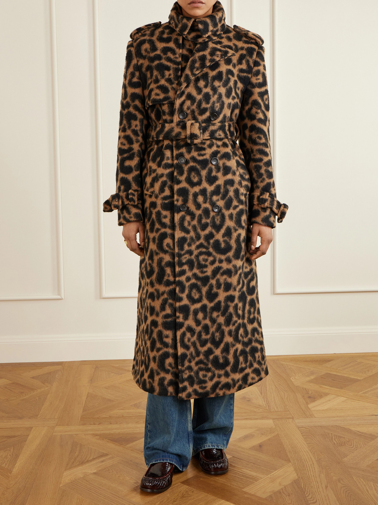 Simkhai Rumi Leopard-print Brushed Wool-blend Trench Coat In Brown