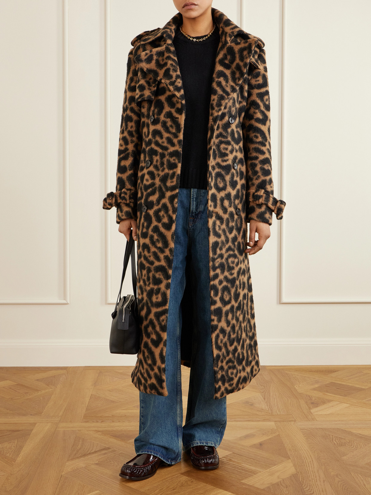 Simkhai Rumi Leopard-print Brushed Wool-blend Trench Coat In Brown