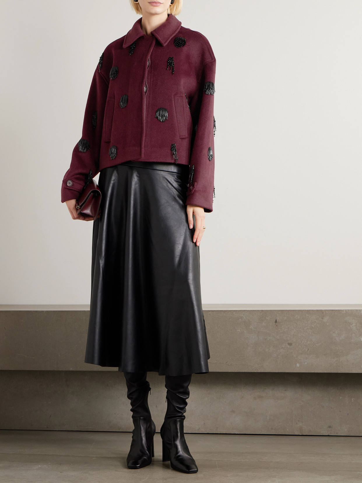 Simkhai Katya Bead-embellished Wool-blend Jacket In Burgundy