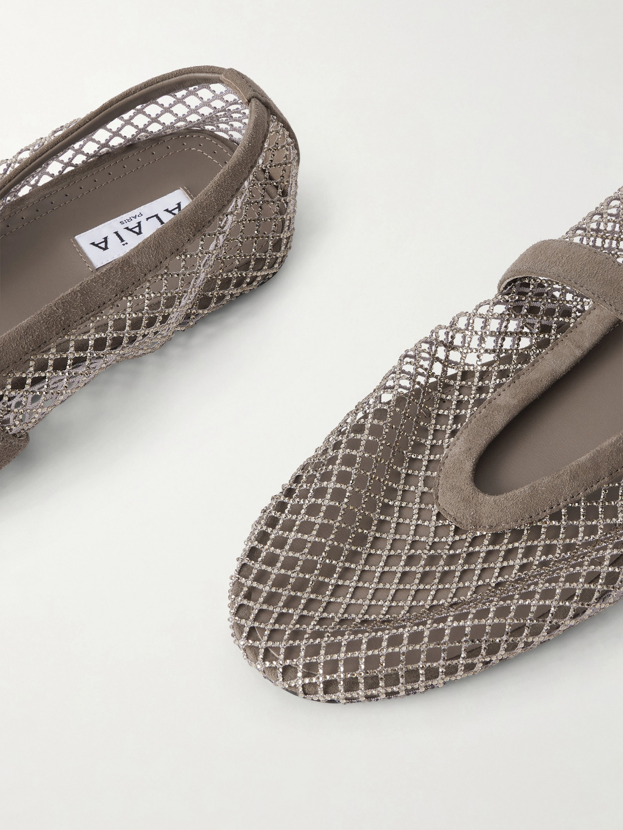Alaïa Crystal-embellished Suede-trimmed Mesh Ballet Flats In Silver