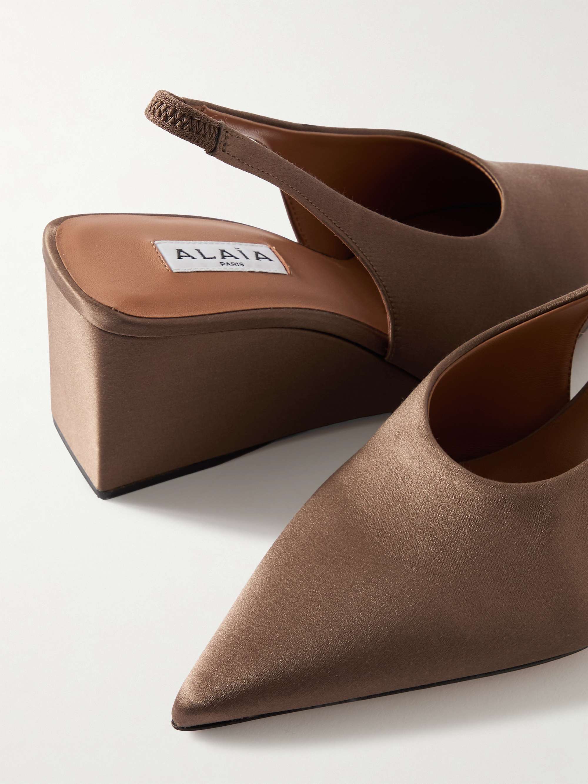 ALAÏA Cube 75 satin slingback wedge pumps | NET-A-PORTER