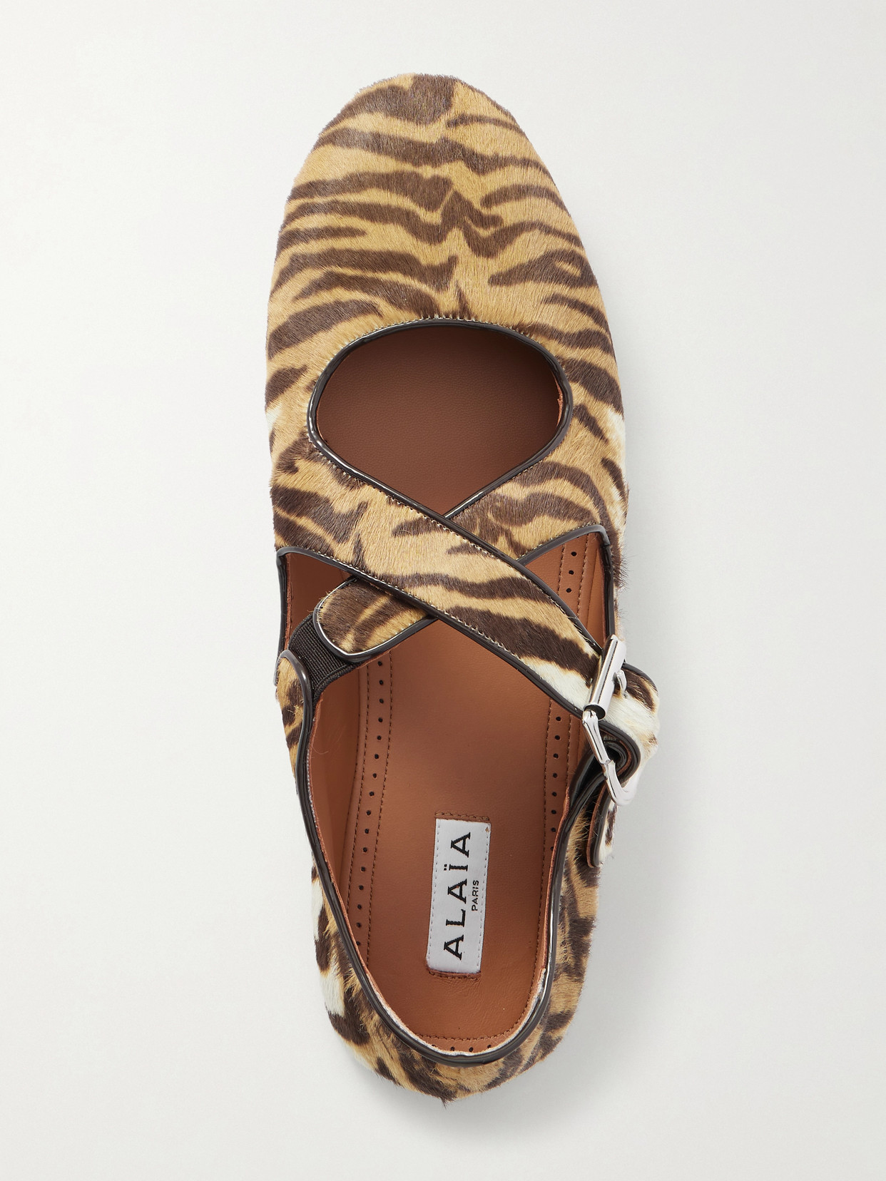 Alaïa Criss Cross Patent-leather Trimmed Zebra-print Calf Hair Ballet Flats In Animal Print
