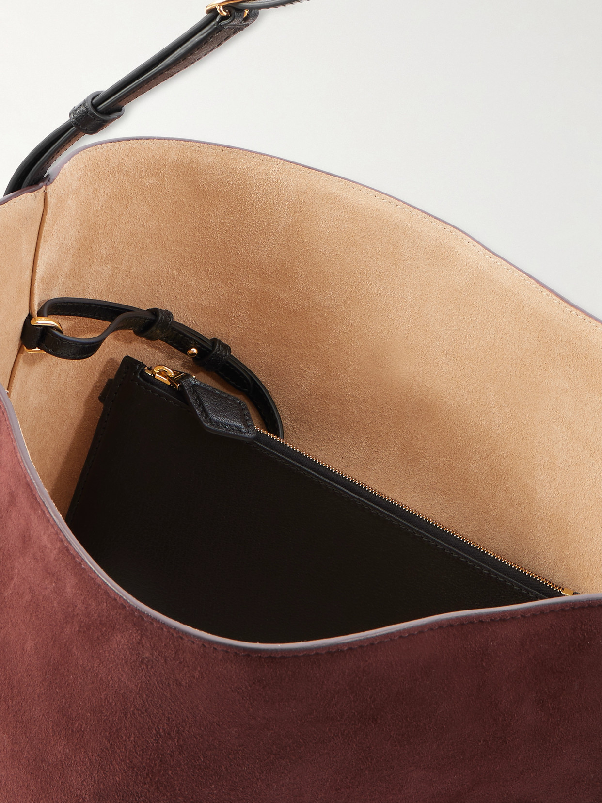 Alaïa Hip Large Logo-detailed Leather-trimmed Suede Bucket Bag In Brown