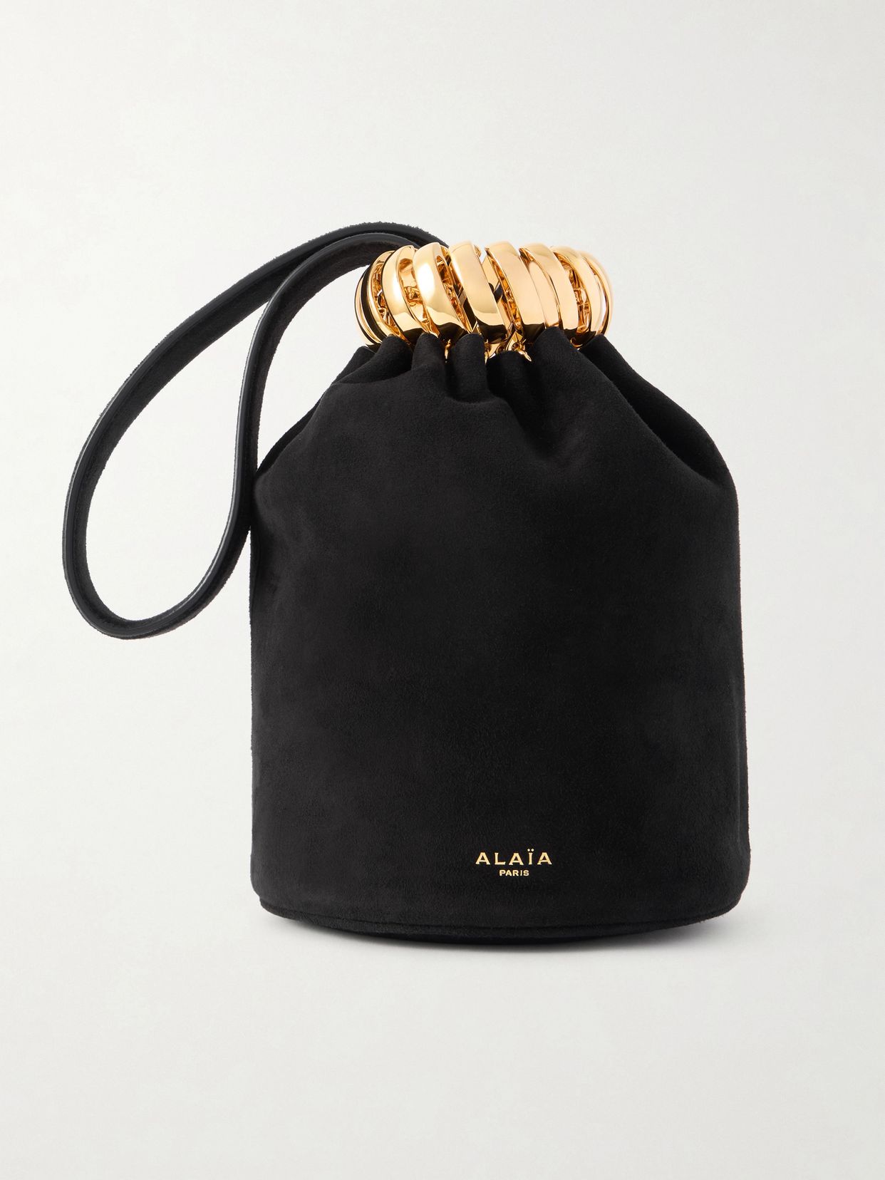 Leather and gold-tone trimmed suede bucket bag