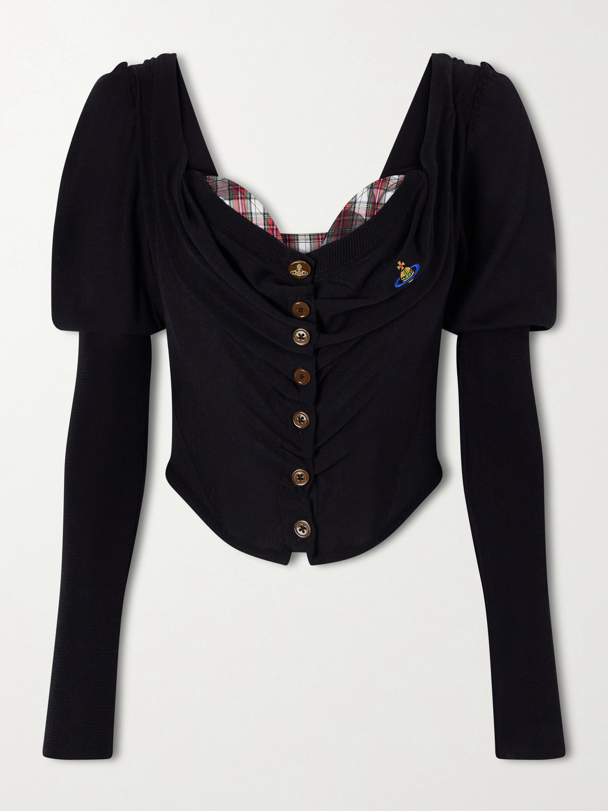 Vivienne Westwood Bea Checked Cotton-trimmed Embroidered Wool And Silk-blend Cardigan In Black