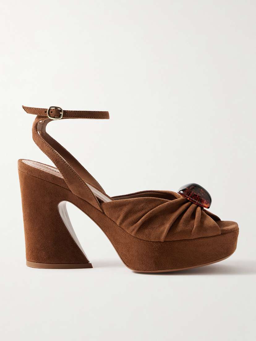 Zimmermann Gleam Embellished Gathered Suede Platform Sandals