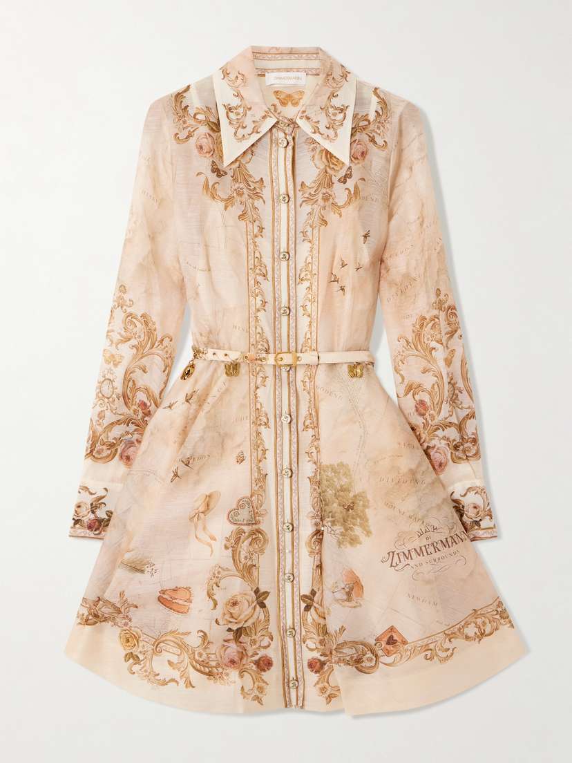 Zimmermann Belted Printed Linen And Silk-blend Mini Dress