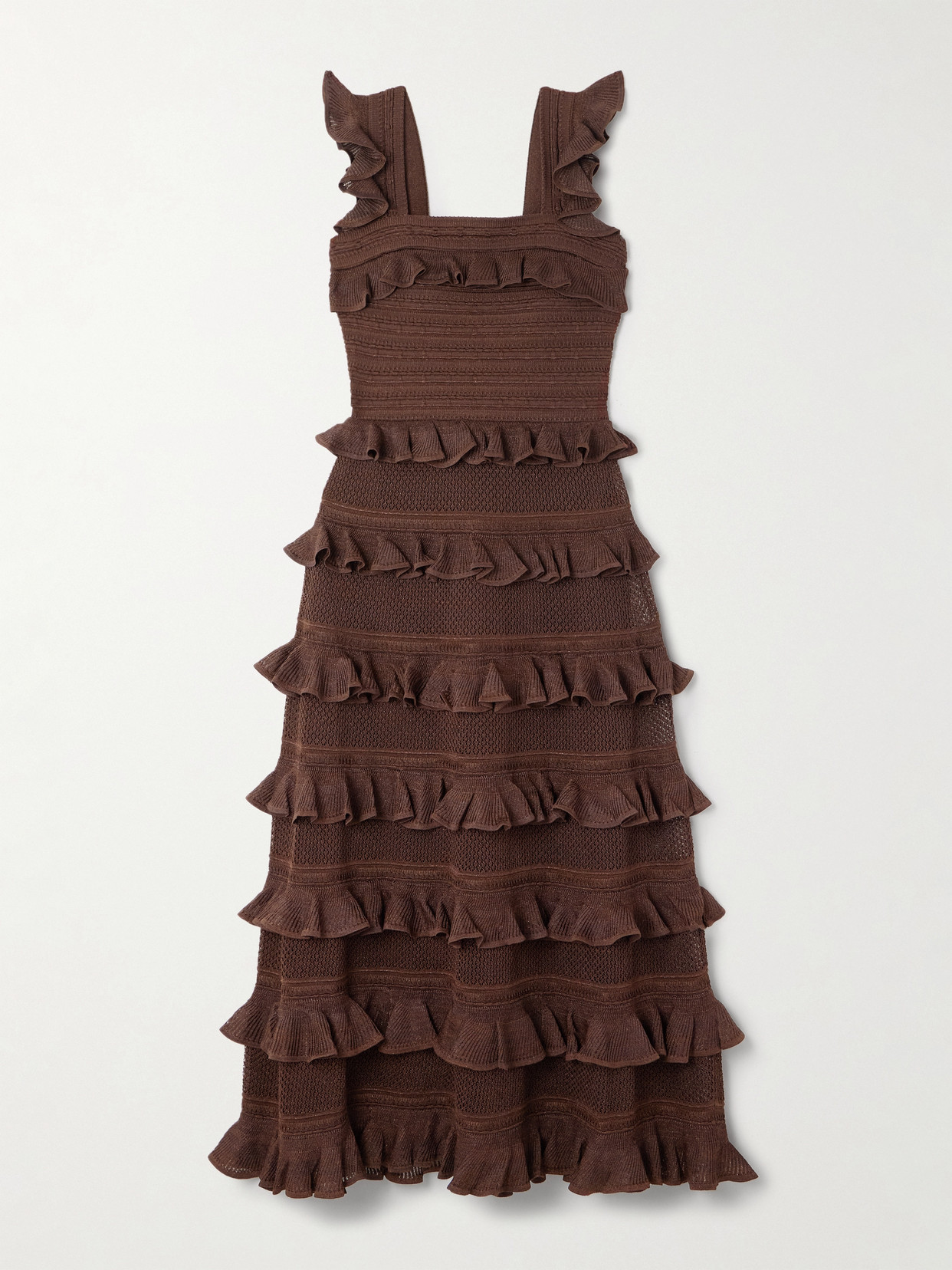 Zimmermann Ruffled Tiered Pointelle-knit Midi Dress In Brown