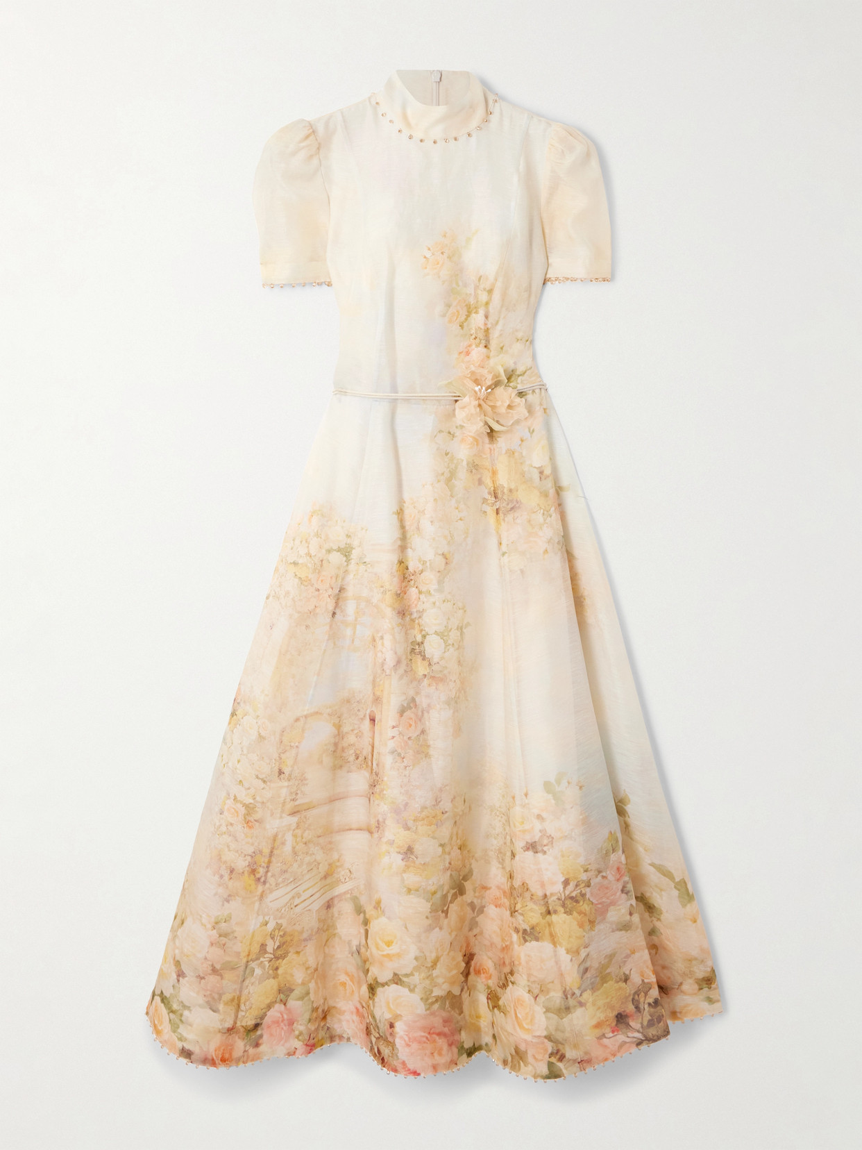 Zimmermann Picnic Embellished Floral-print Linen And Silk-blend Midi Dress In White