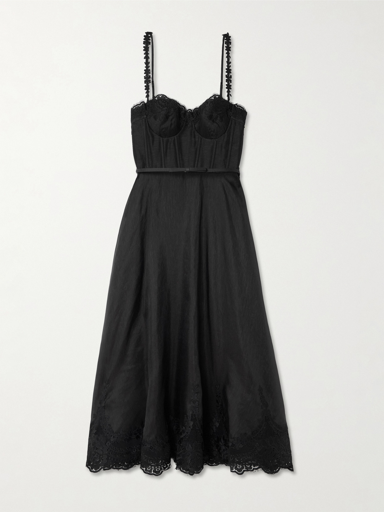 Zimmermann Hypnotic Picnic Belted Lace-trimmed Linen And Silk-blend Midi Dress In Black
