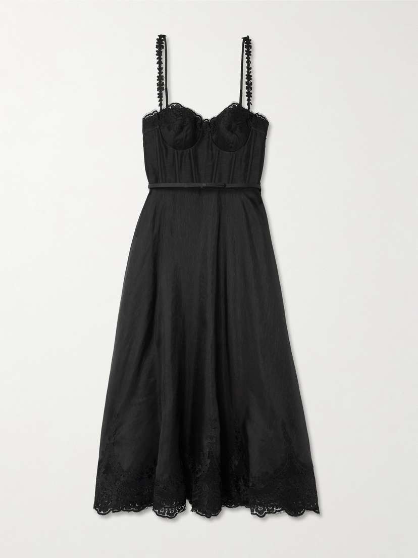 Zimmermann Hypnotic Picnic Belted Lace-trimmed Linen And Silk-blend Midi Dress
