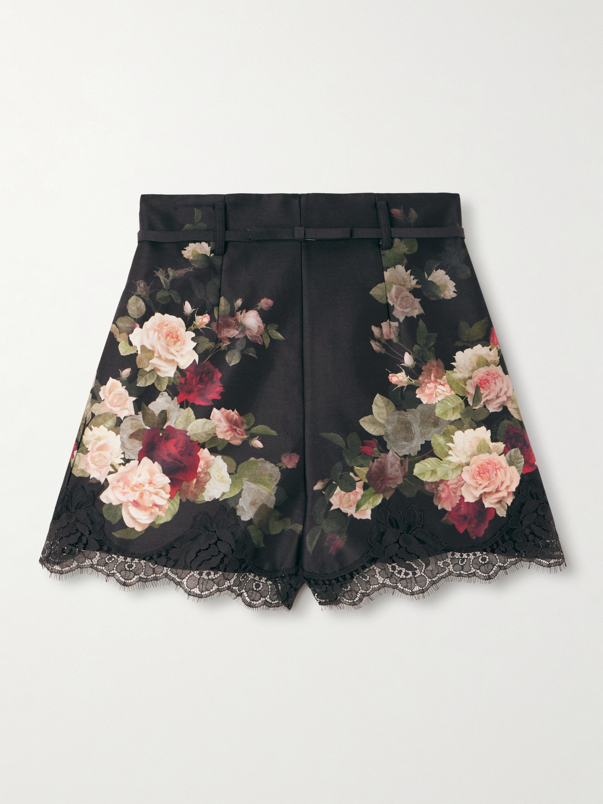 Zimmermann Belted Lace-trimmed Floral-print Silk And Cotton-blend Twill Shorts In Black