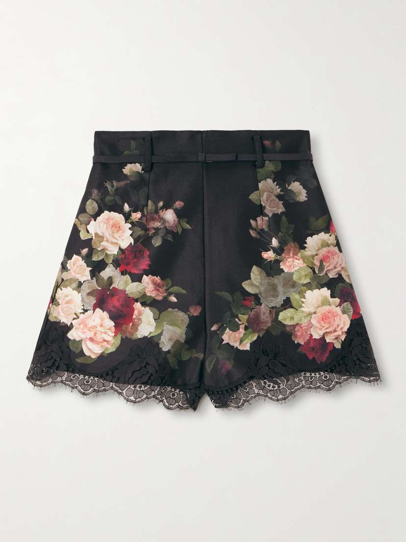 Zimmermann Belted Lace-trimmed Floral-print Silk And Cotton-blend Twill Shorts