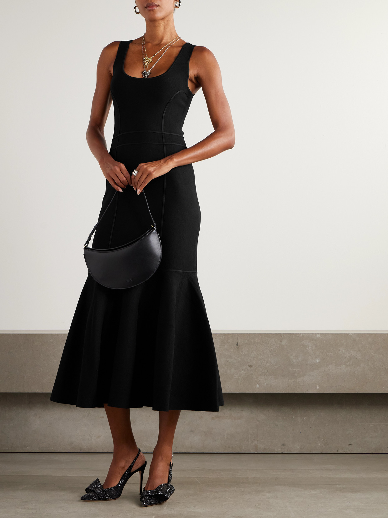 Zimmermann Paneled Ruffled Knitted Midi Dress In Black