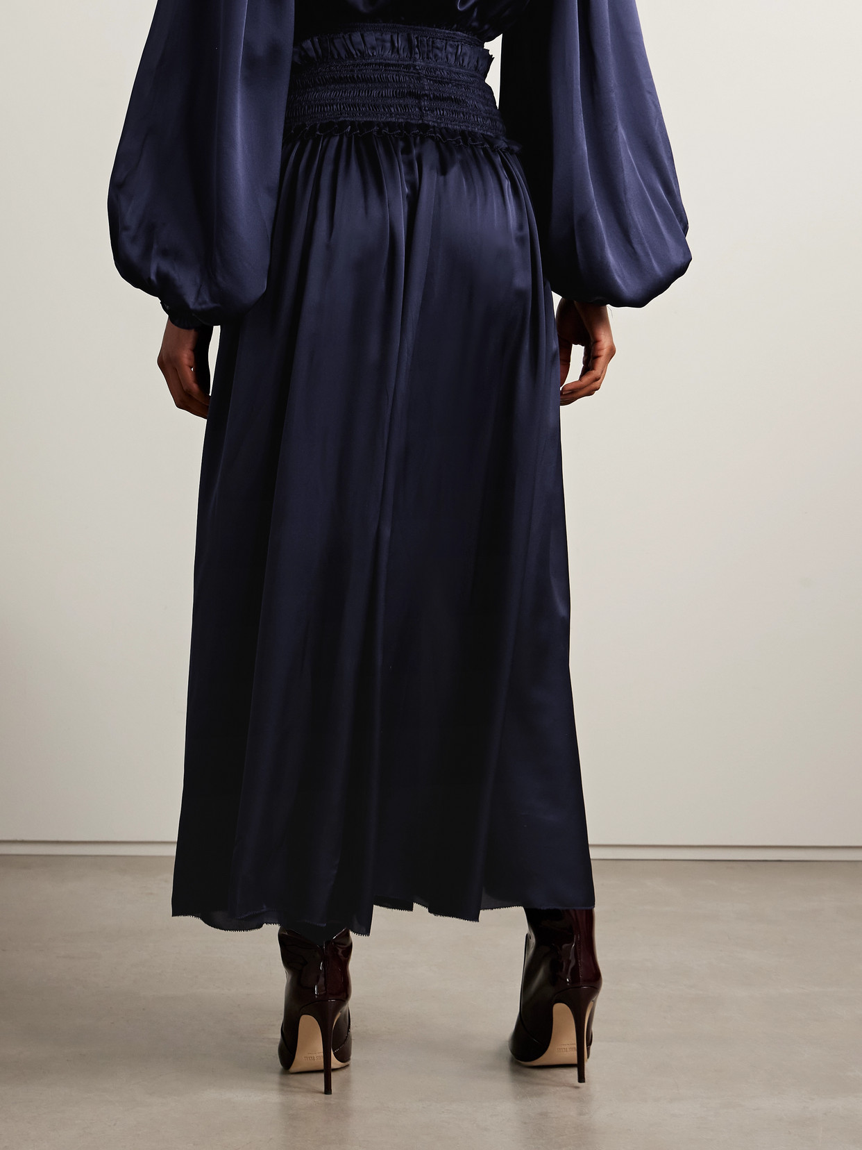 Zimmermann Dream Ruffled Shirred Silk-satin Maxi Skirt In Blue