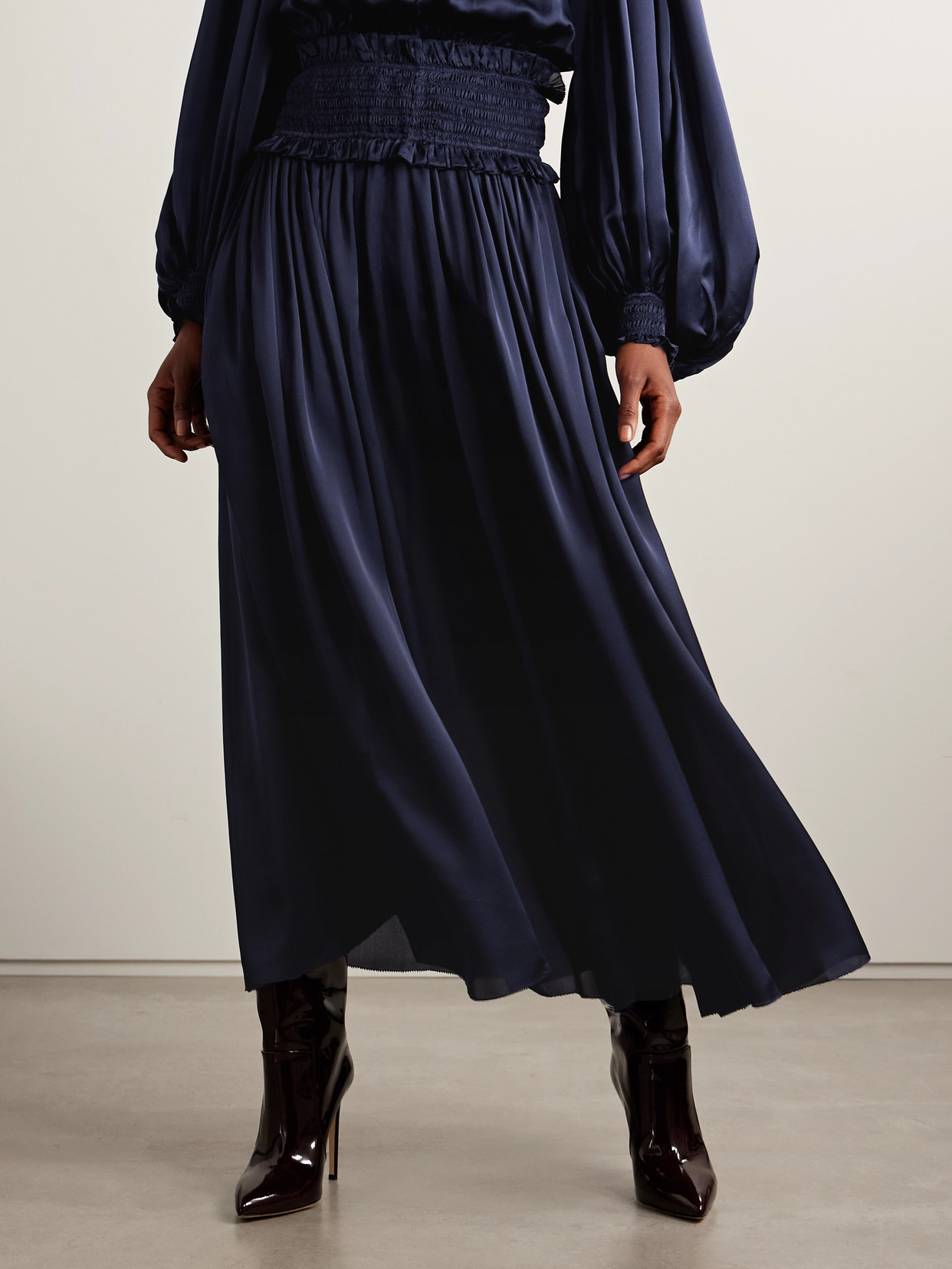 Zimmermann Dream Ruffled Shirred Silk-satin Maxi Skirt In Blue
