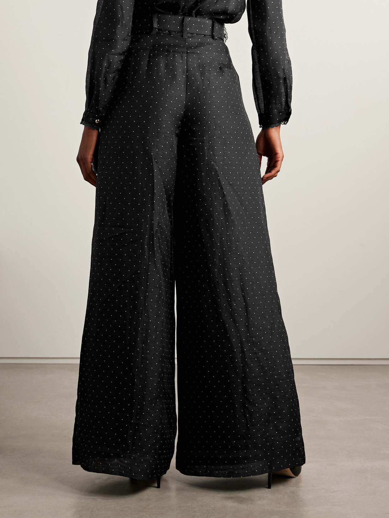 Zimmermann Belted Pleated Polka-dot Linen And Silk-blend Organza Wide-leg Pants In Black