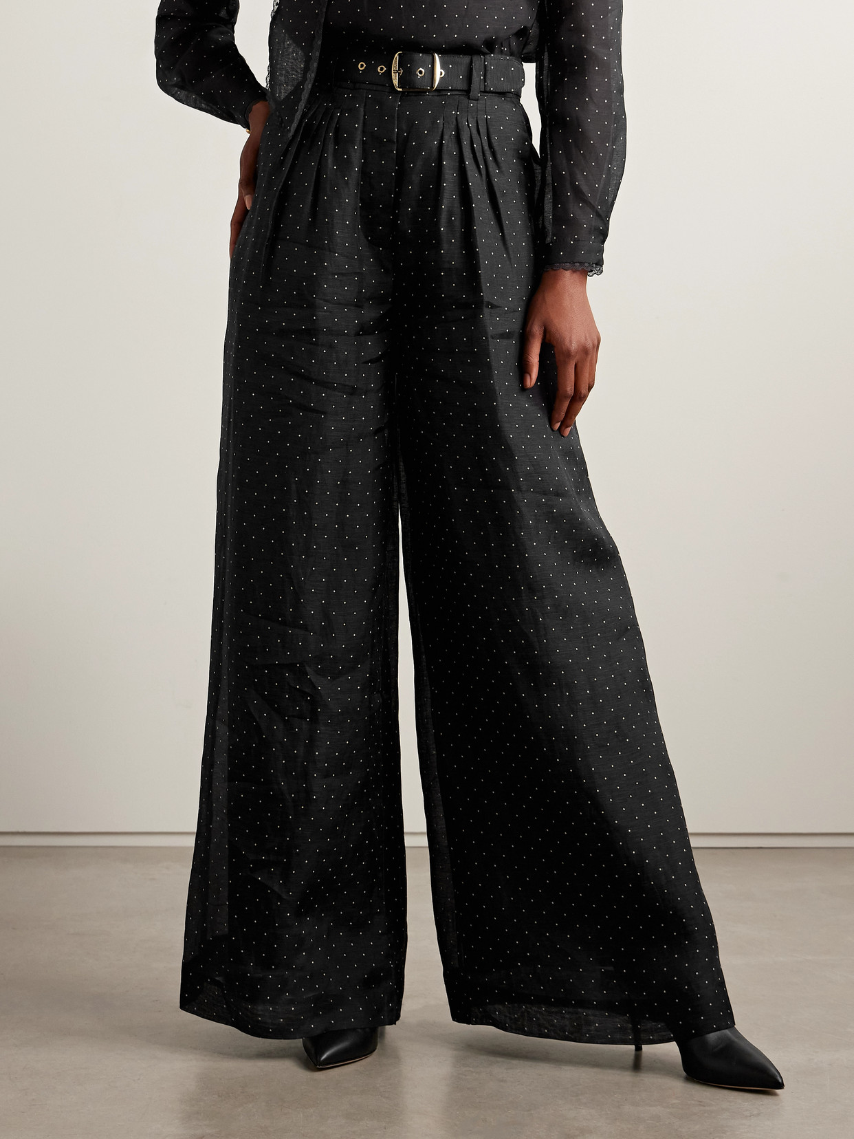 Zimmermann Belted Pleated Polka-dot Linen And Silk-blend Organza Wide-leg Pants In Black