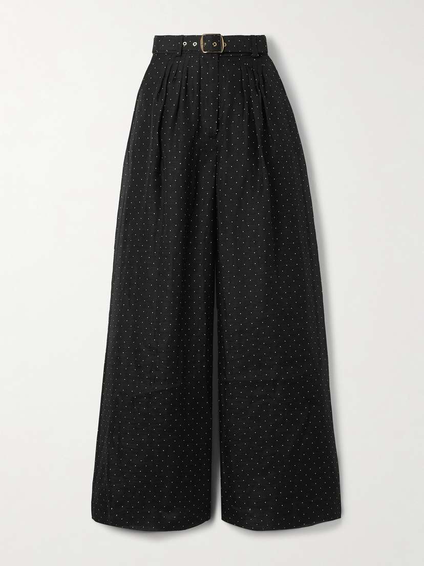 Zimmermann Belted Pleated Polka-dot Linen And Silk-blend Organza Wide-leg Pants
