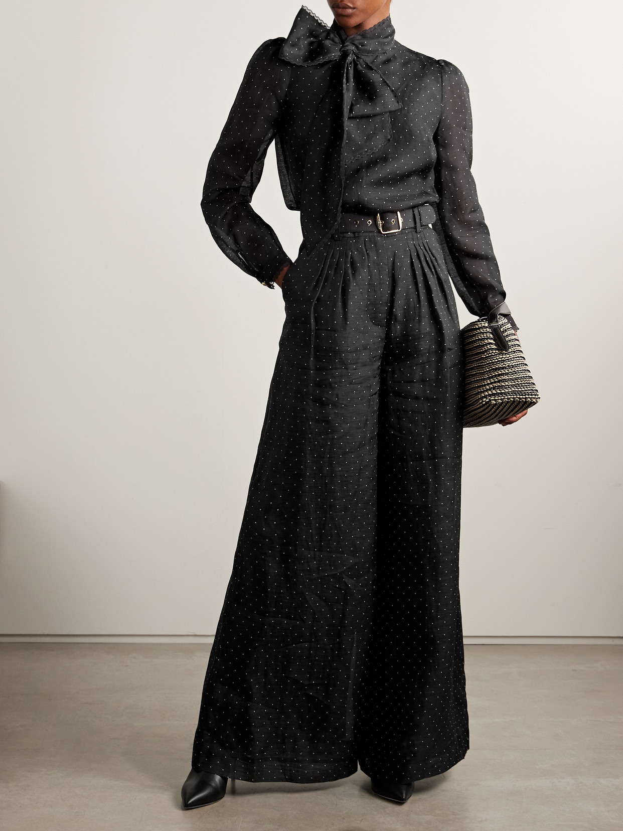 Zimmermann Belted Pleated Polka-dot Linen And Silk-blend Organza Wide-leg Pants In Black