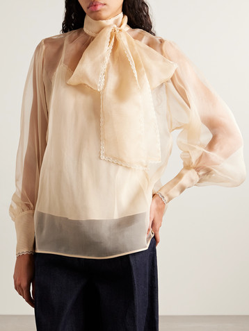 Zimmermann Pussy-bow lace-trimmed silk-organza blouse