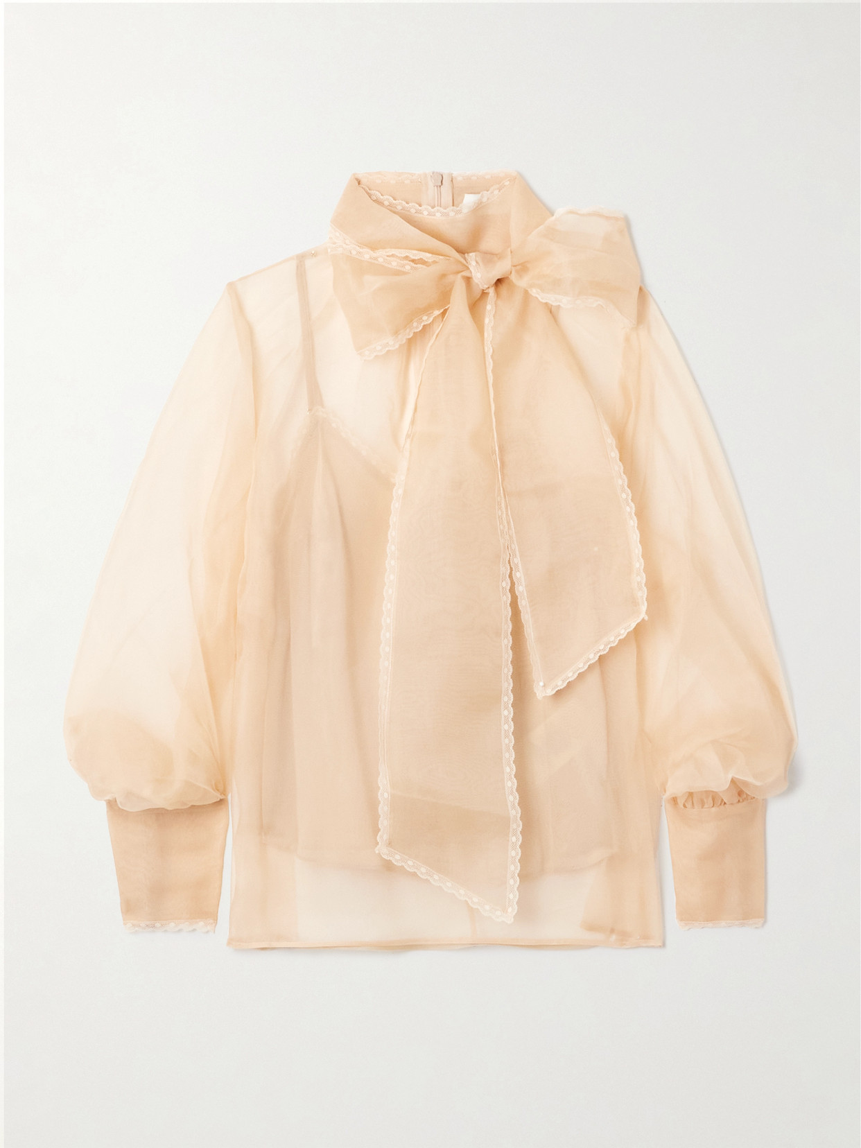 Zimmermann Pussy-bow Lace-trimmed Silk-organza Blouse In Pink