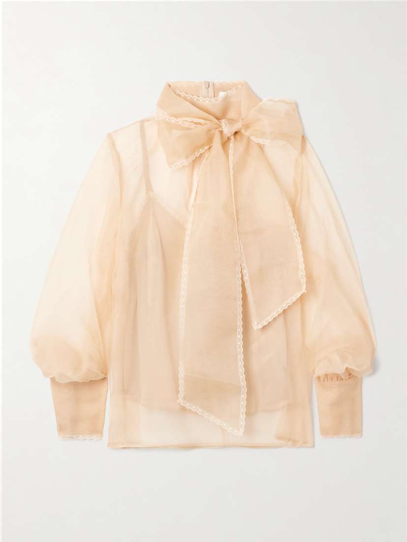 Zimmermann Pussy-bow Lace-trimmed Silk-organza Blouse