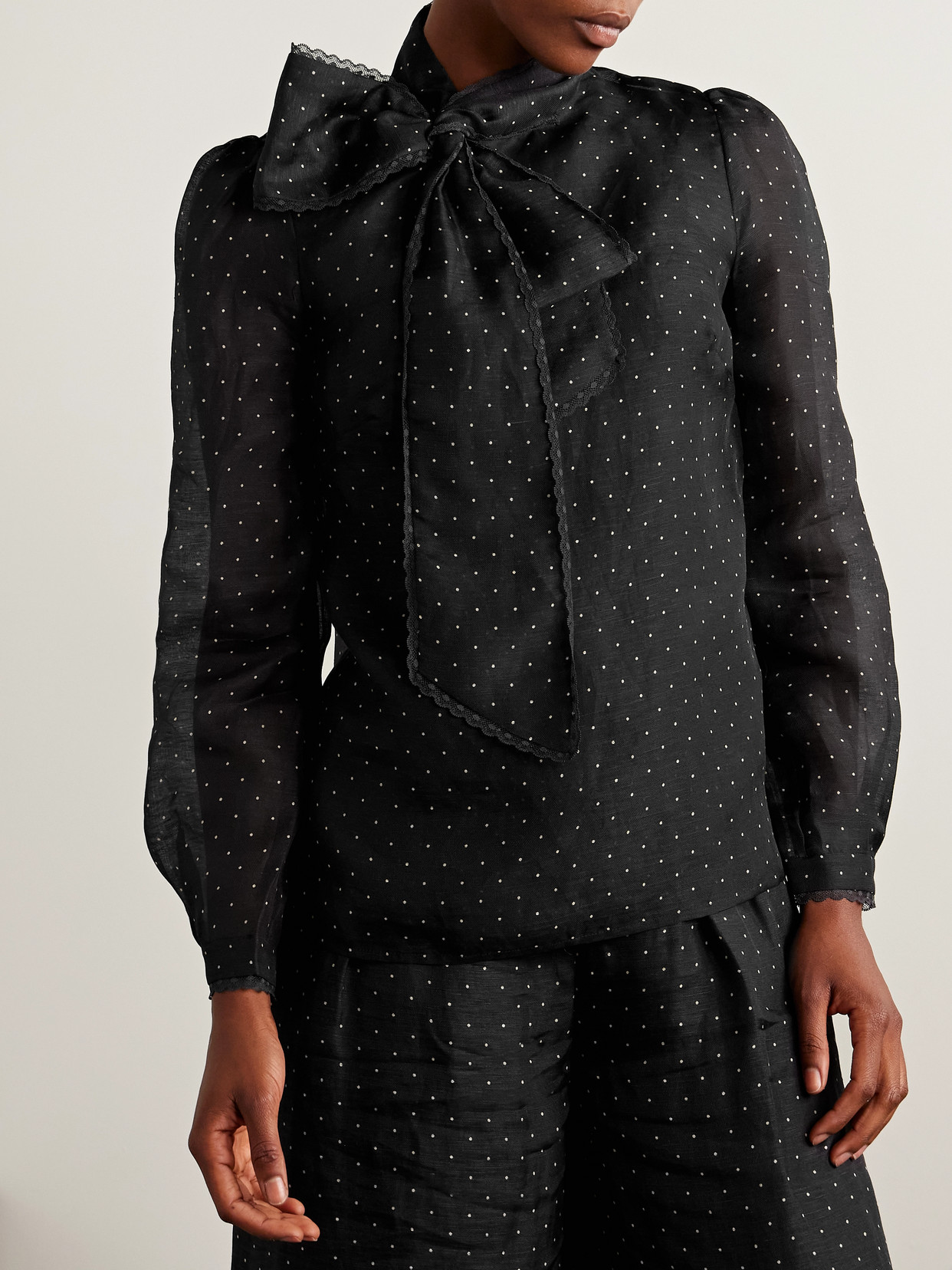 Zimmermann Pussy-bow Lace-trimmed Polka-dot Linen And Silk-blend Organza Blouse In Black