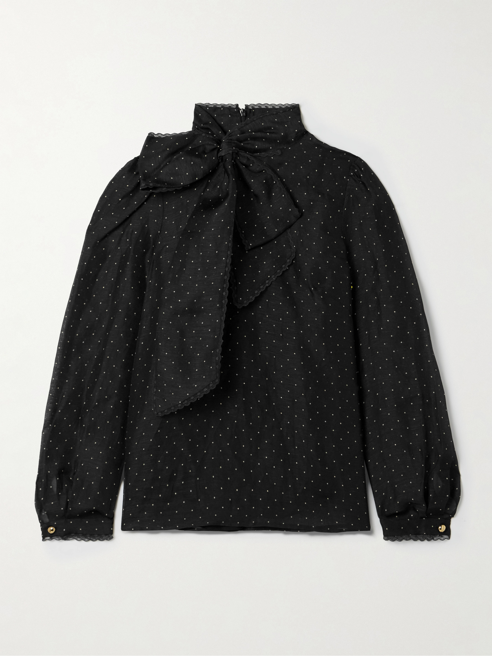 Zimmermann Pussy-bow lace-trimmed polka-dot linen and silk-blend organza blouse