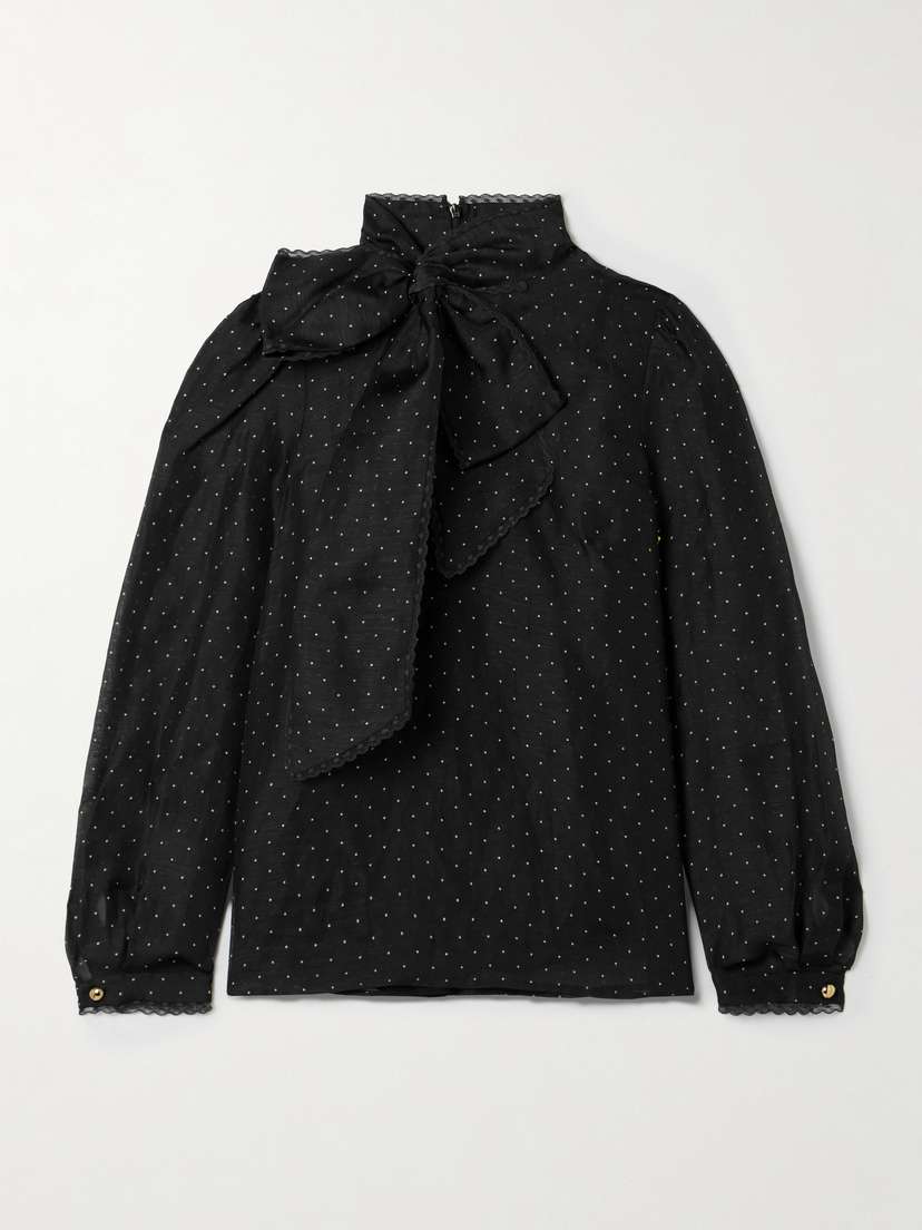 Zimmermann Pussy-bow Lace-trimmed Polka-dot Linen And Silk-blend Organza Blouse