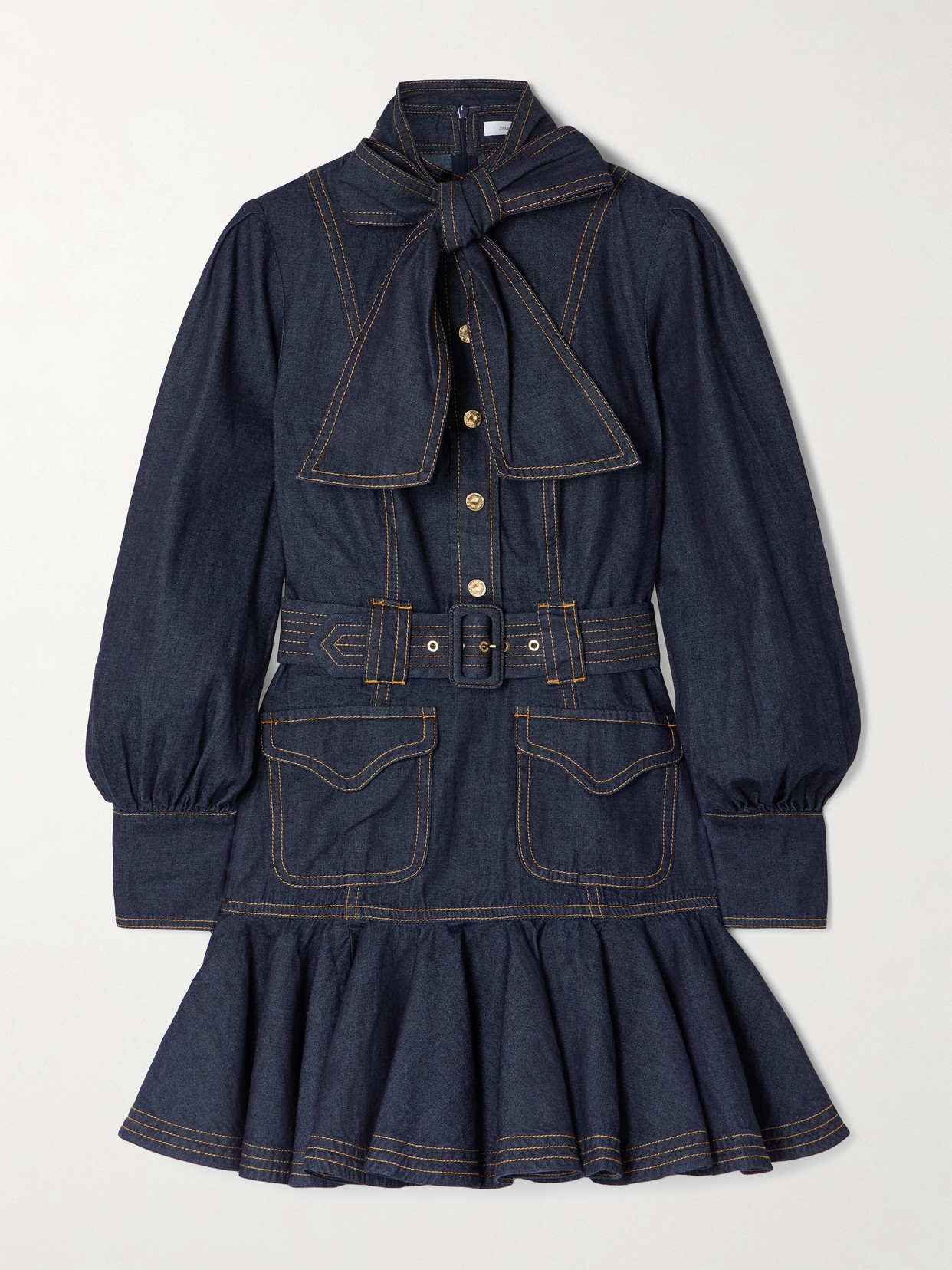 Zimmermann Tie-detailed Belted Ruffled Denim Mini Dress In Blue