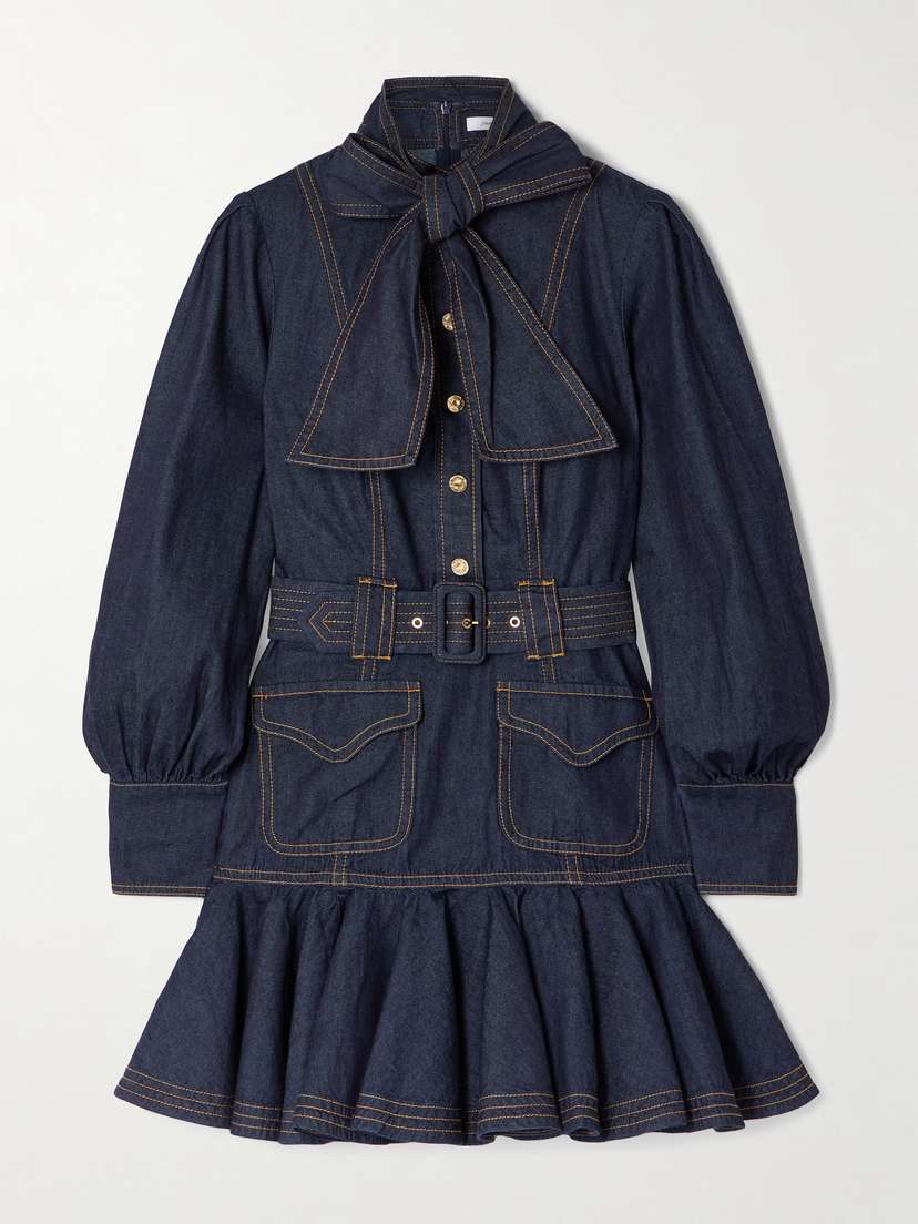 Zimmermann Tie-detailed Belted Ruffled Denim Mini Dress