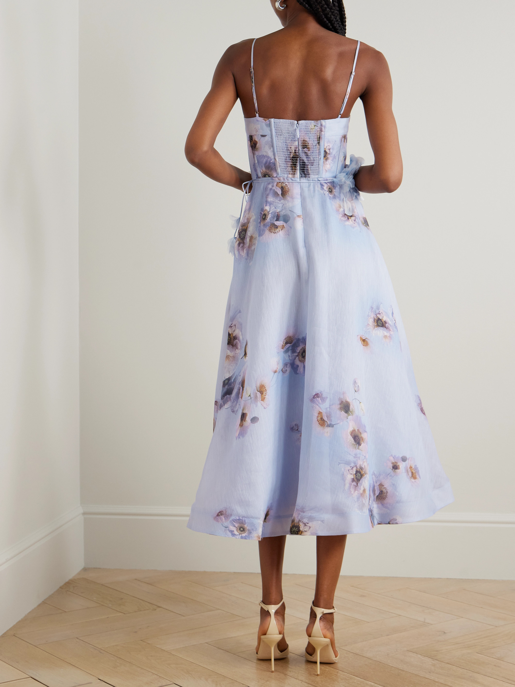 Zimmermann Hypnotic Picnic belted appliquéd floral-print linen and silk-blend midi dress