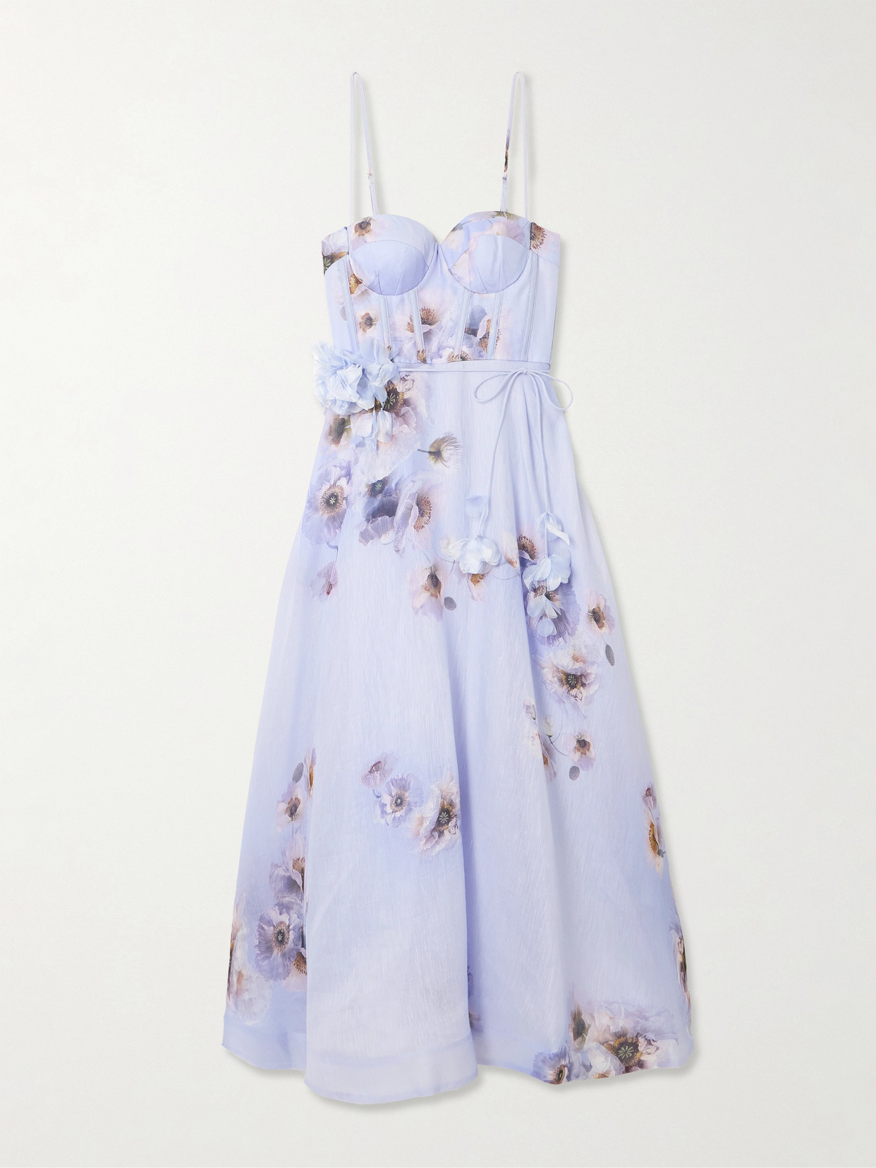 Zimmermann Hypnotic Picnic Belted Appliquéd Floral-print Linen And Silk-blend Midi Dress In Purple