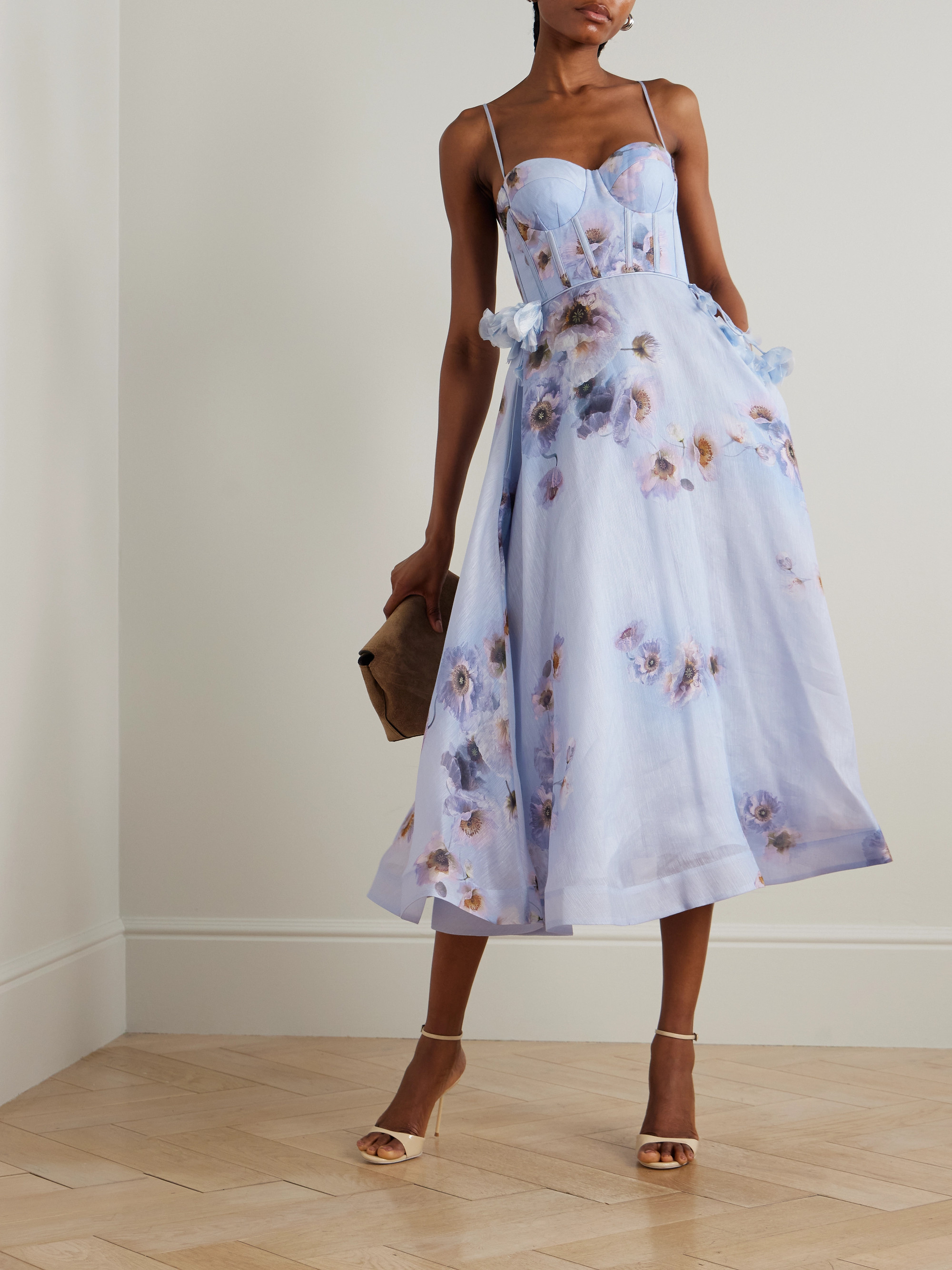 Zimmermann Hypnotic Picnic belted appliquéd floral-print linen and silk-blend midi dress