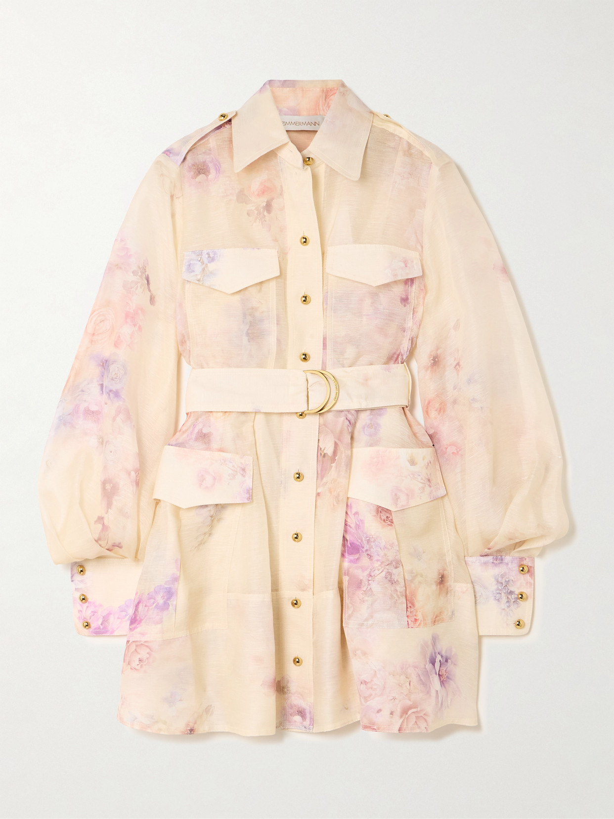 Zimmermann Hypnotic Belted Floral-print Linen And Silk-blend Mini Dress In White
