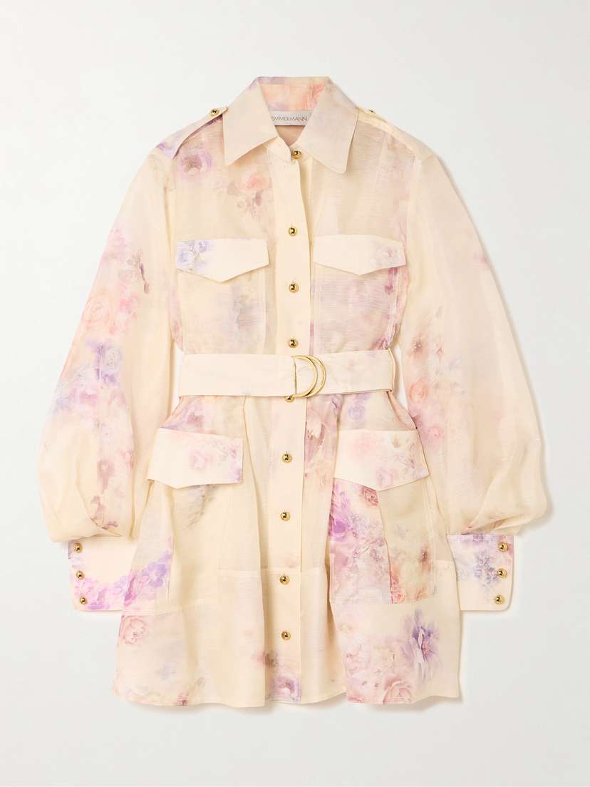 Zimmermann Hypnotic Belted Floral-print Linen And Silk-blend Mini Dress