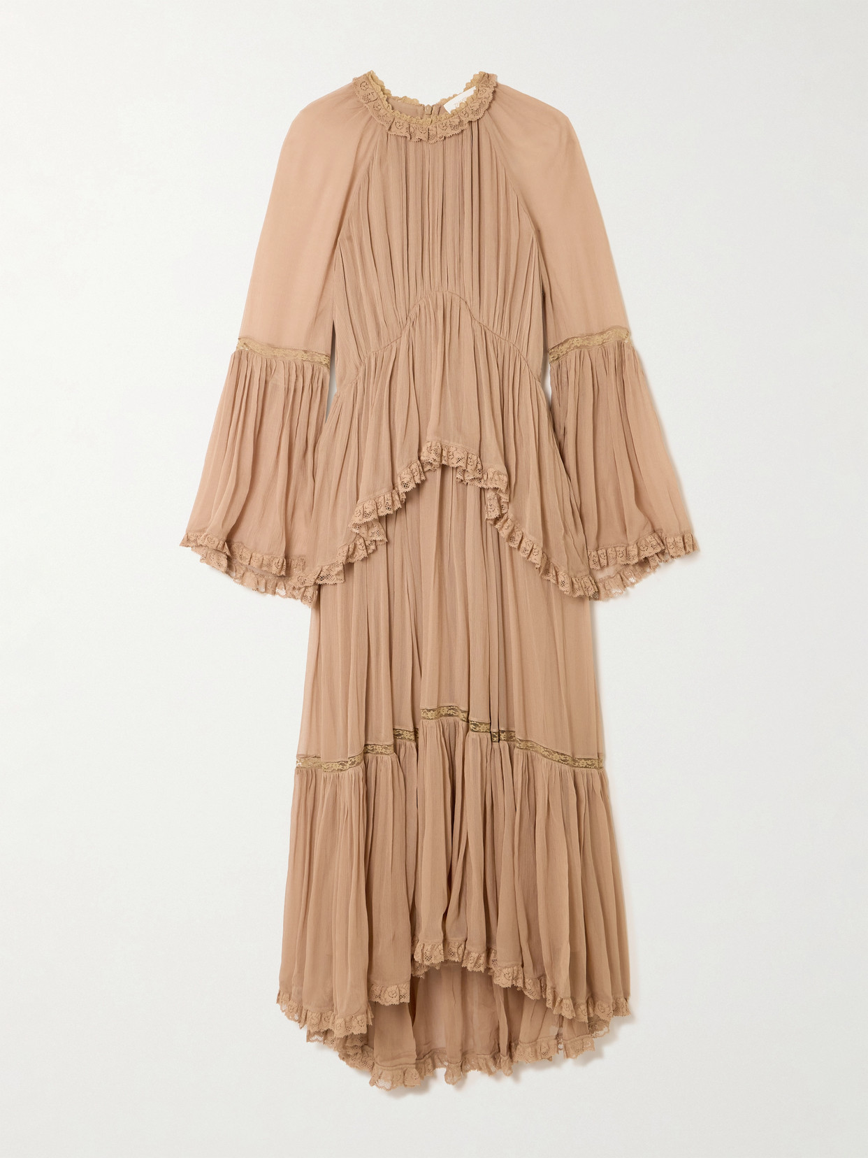 Zimmermann Hypnotic Lace-trimmed Tiered Crepe De Chine Midi Dress In Neutral