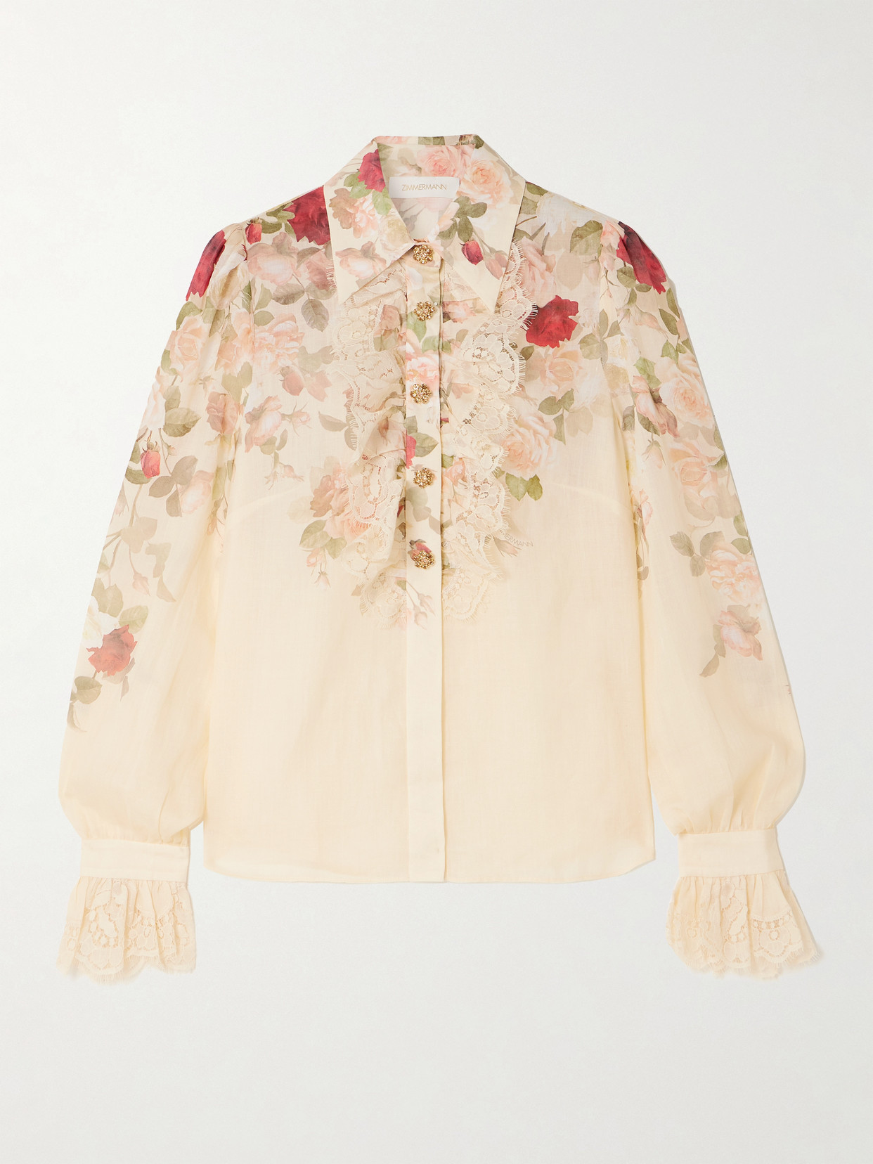 Zimmermann Lace-trimmed Floral-print Ramie Shirt In Neutral