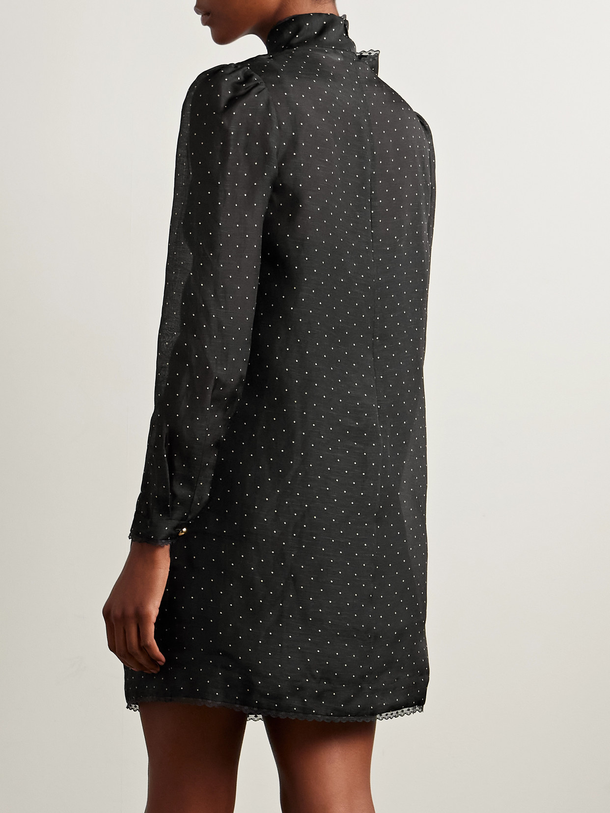 Zimmermann Pussy-bow Lace-trimmed Polka-dot Linen And Silk-blend Organza Mini Dress In Black