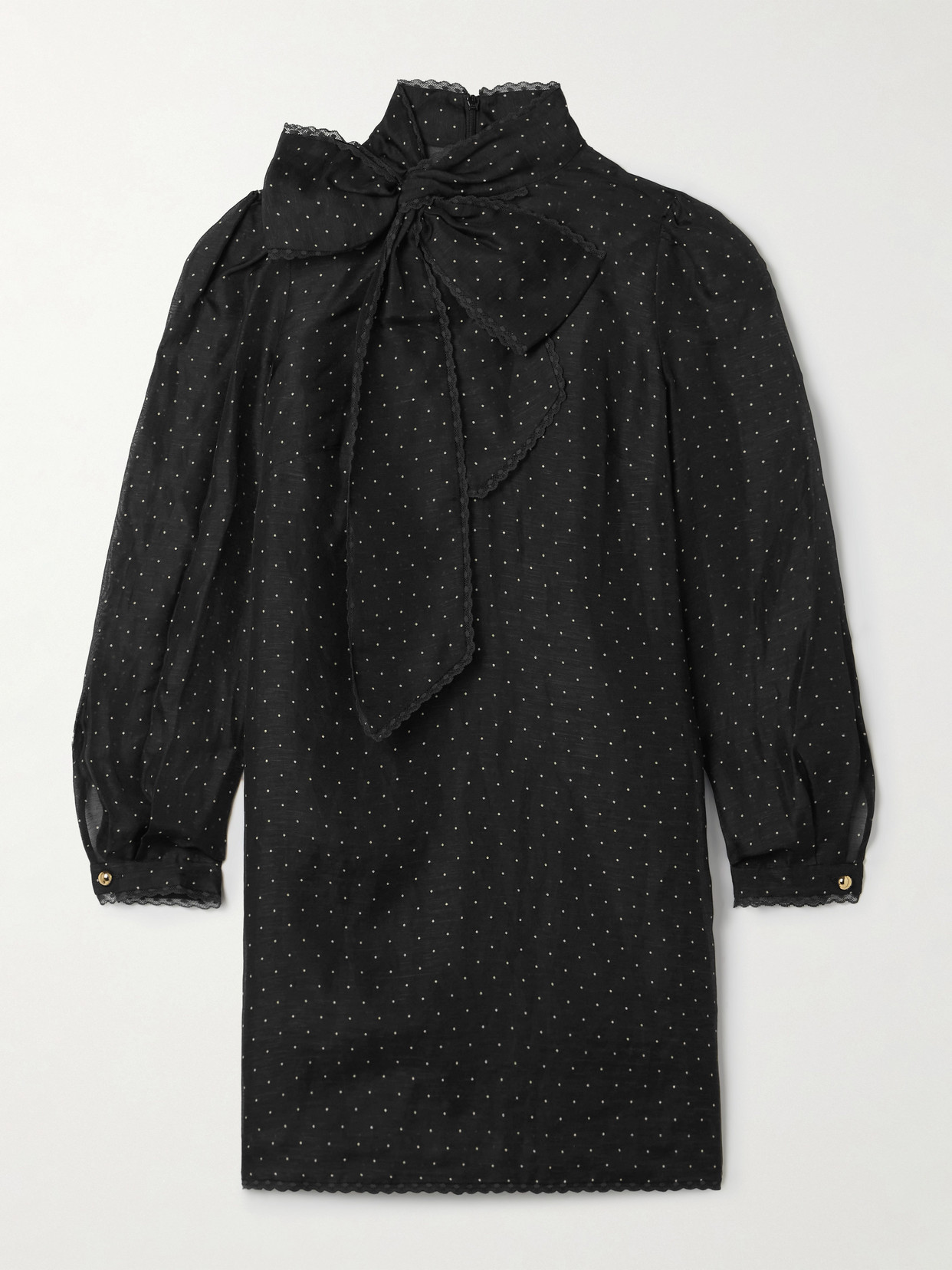Zimmermann Pussy-bow Lace-trimmed Polka-dot Linen And Silk-blend Organza Mini Dress In Black